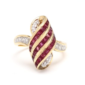 Retro Style Gold, Ruby, and Diamond Ring