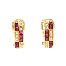 Gold, Ruby, and Diamond Checkerboard Motif Hoop Earrings