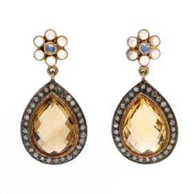 Gold topped Silver, Citrine, Moonstone, and Diamond Earrings