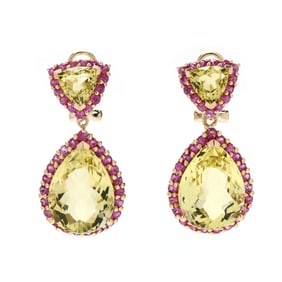 Gold, Quartz, and Pink Sapphire Dangle Earrings