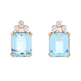 Gold, Aquamarine, and Diamond Stud Earrings