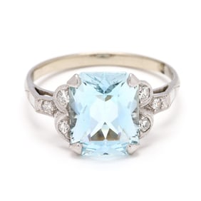 Vintage Platinum, Aquamarine, and Diamond Ring