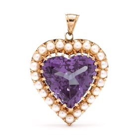 Gold, Synthetic Sapphire, and Pearl Heart Motif Pendant