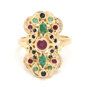 Gold, Ruby, Emerald, Sapphire, and Diamond Ring