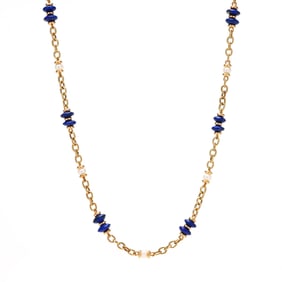 Gold, Lapis Lazuli, and Pearl Station Necklace
