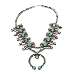 Southwestern Silver, Turquoise, and Coral Squash Blossom Necklace