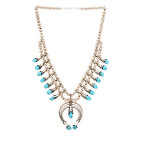Navajo Silver and Turquoise Squash Blossom Necklace, Doris Smallcanyon