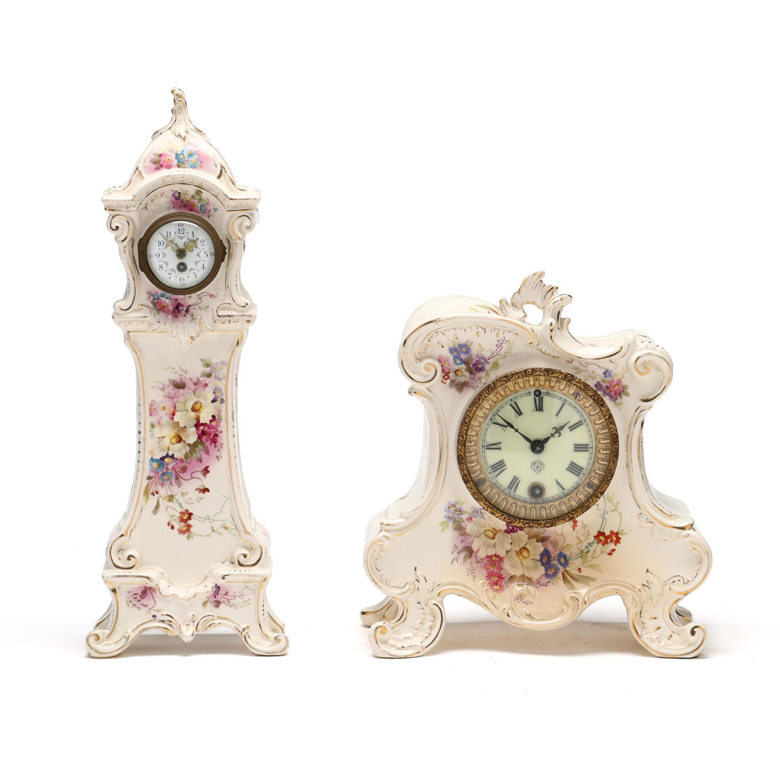 Two Rococo Revival Porcelain Mantel Clocks, Including Ansonia: Two Rococo Revival Porcelain Mantel Clocks, Including Ansoniaearly 20th century, hand-painted and gilt porcelain, single train movements, the taller in rocaille tower form, featuring a 2-inch enamel d