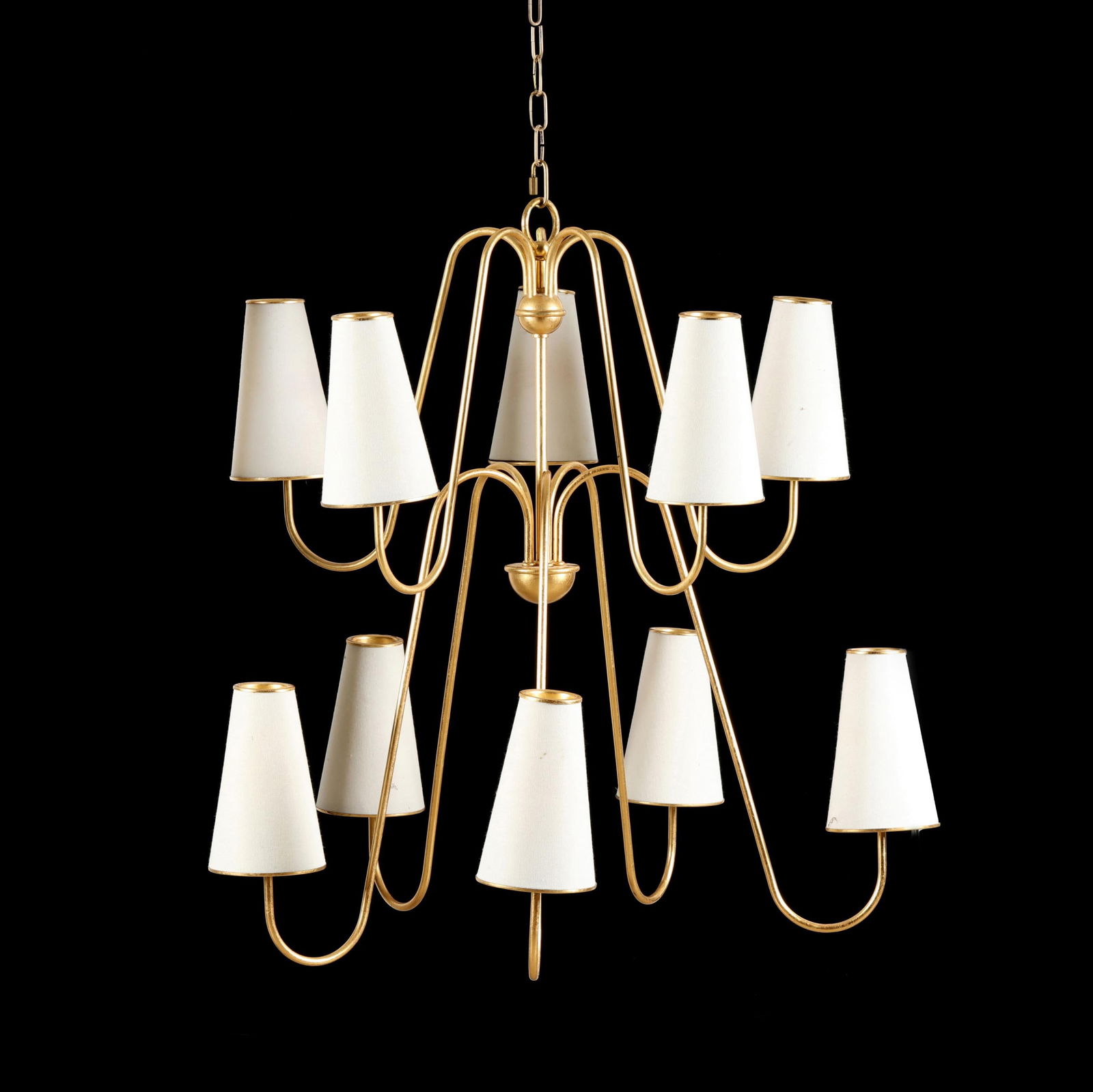 Designer Gilt Metal Two Tiered Chandelier: Designer Gilt Metal Two Tiered Chandeliercontemporary, ten light form, gold leaf metal with cone shaped linen shades with gilt metal mounts, with ceiling cap and chain, appears unmarked. 33 x 32 in. d