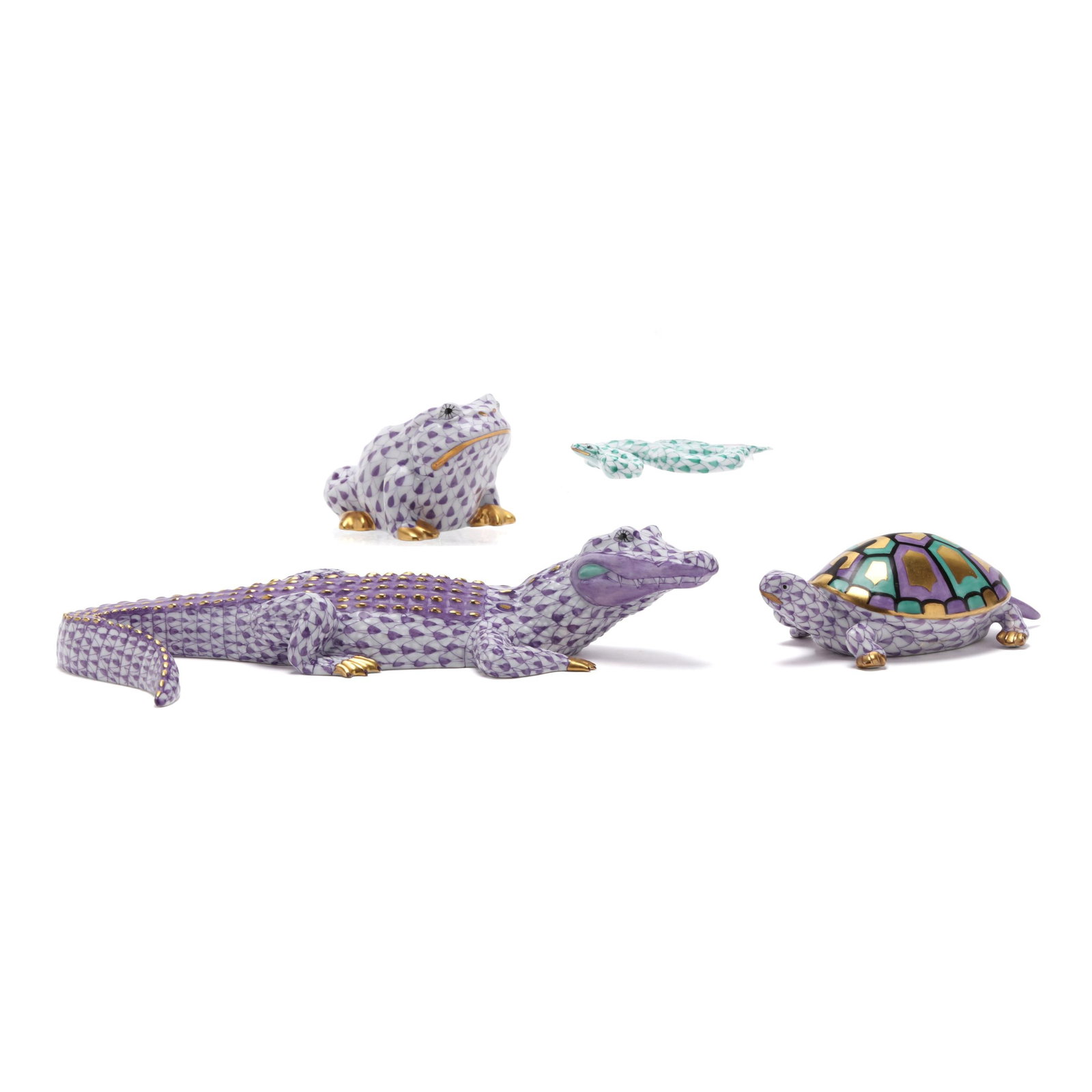 Herend, Three Fishnet Porcelain Reptiles and a Frog (1 of 8)