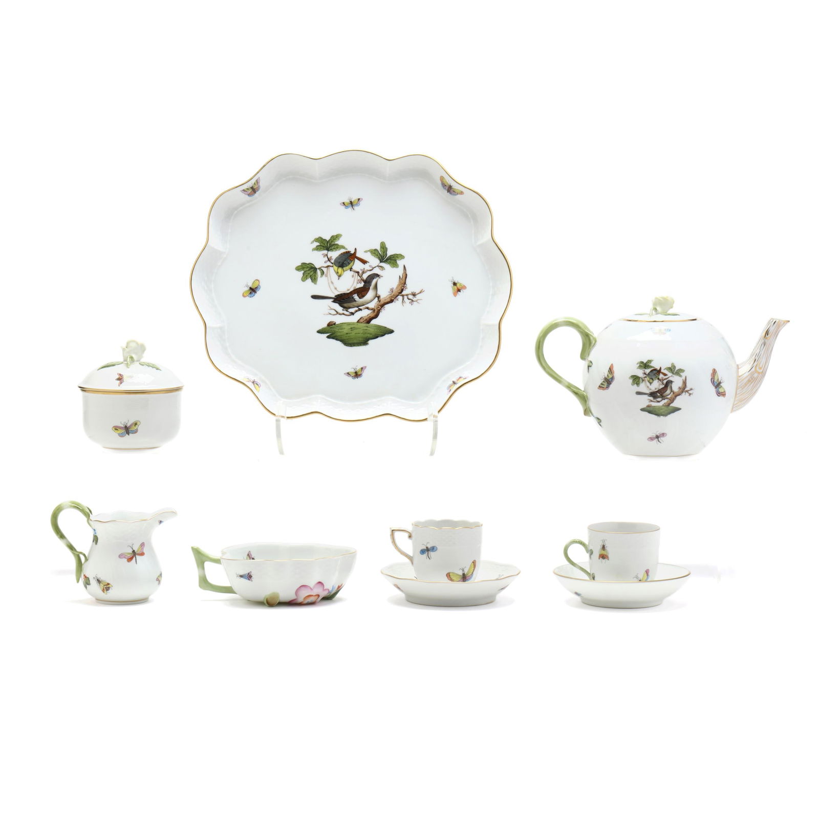 Herend, Rothschild Bird Porcelain Tea Set for Two with Accessories: Herend, Rothschild Bird Porcelain Tea Set for Two with AccessoriesHungary, hand-painted and gilt porcelain, (9) pieces to include: an oblong tray #420 (11 1/4 in.); a lidded teapot #1603 (5 3/4 in.);