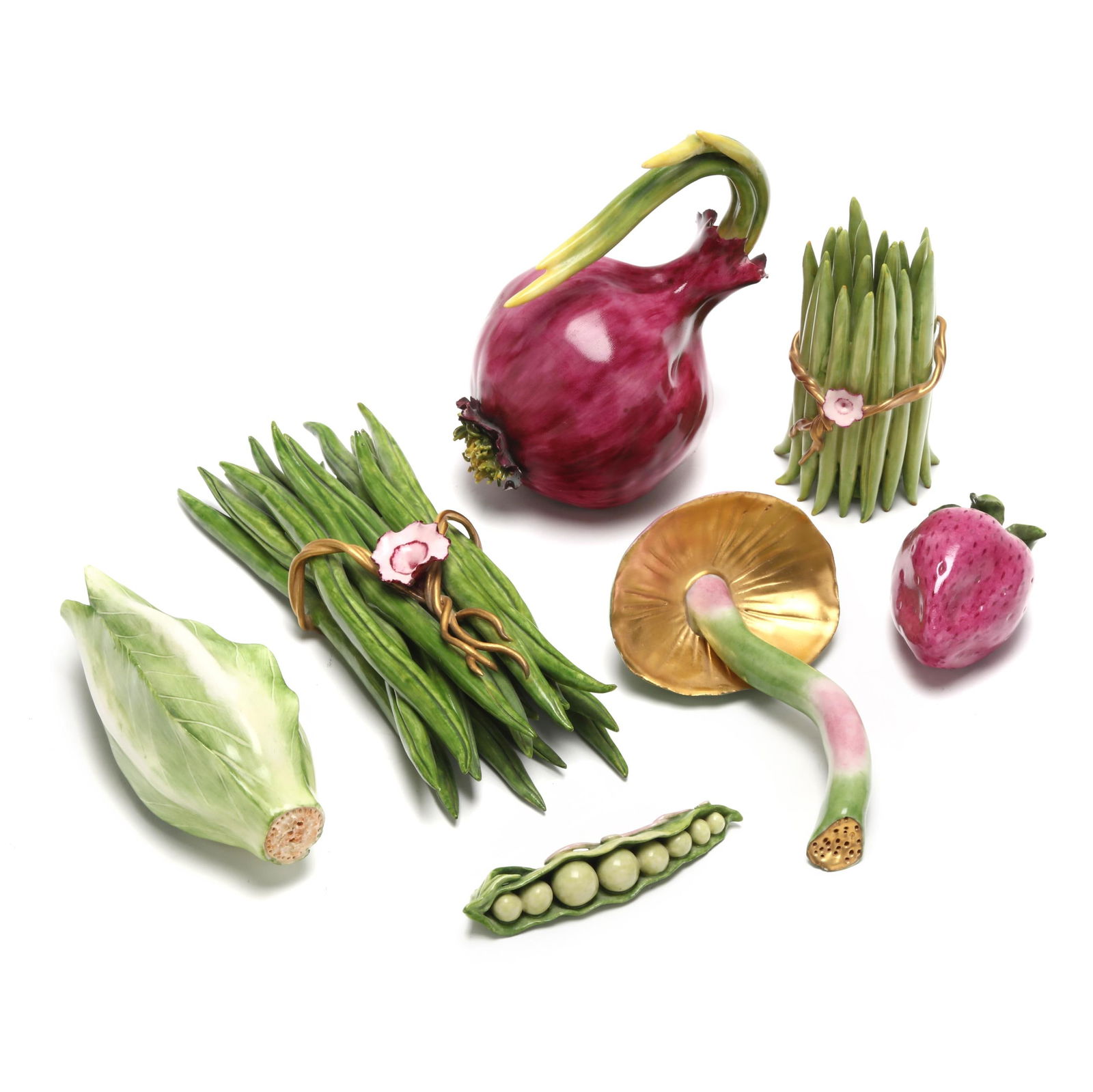 Katherine Houston (American, 20th/21st century), Seven Porcelain Fruits and Vegetables: Katherine Houston (American, 20th/21st century), Seven Porcelain Fruits and Vegetables1990s, bisque fired porcelain with hand-colored overglazes, to include a radish (5 11/4 x 4 1/4 x 3 1/4 in.), a he
