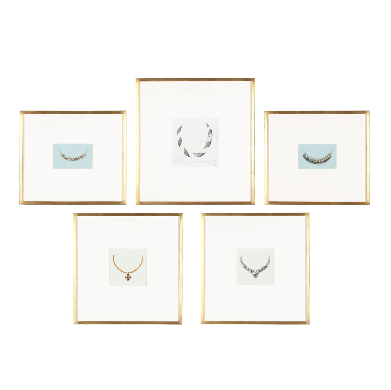 Collection of Five Original Costume Jewelry Illustrations by Trifari: Collection of Five Original Costume Jewelry Illustrations by Trifarimixed media on paper, unsigned, mid-20th century, each a design for a necklace, matted and framed under glass. The largest 21 x 19 1