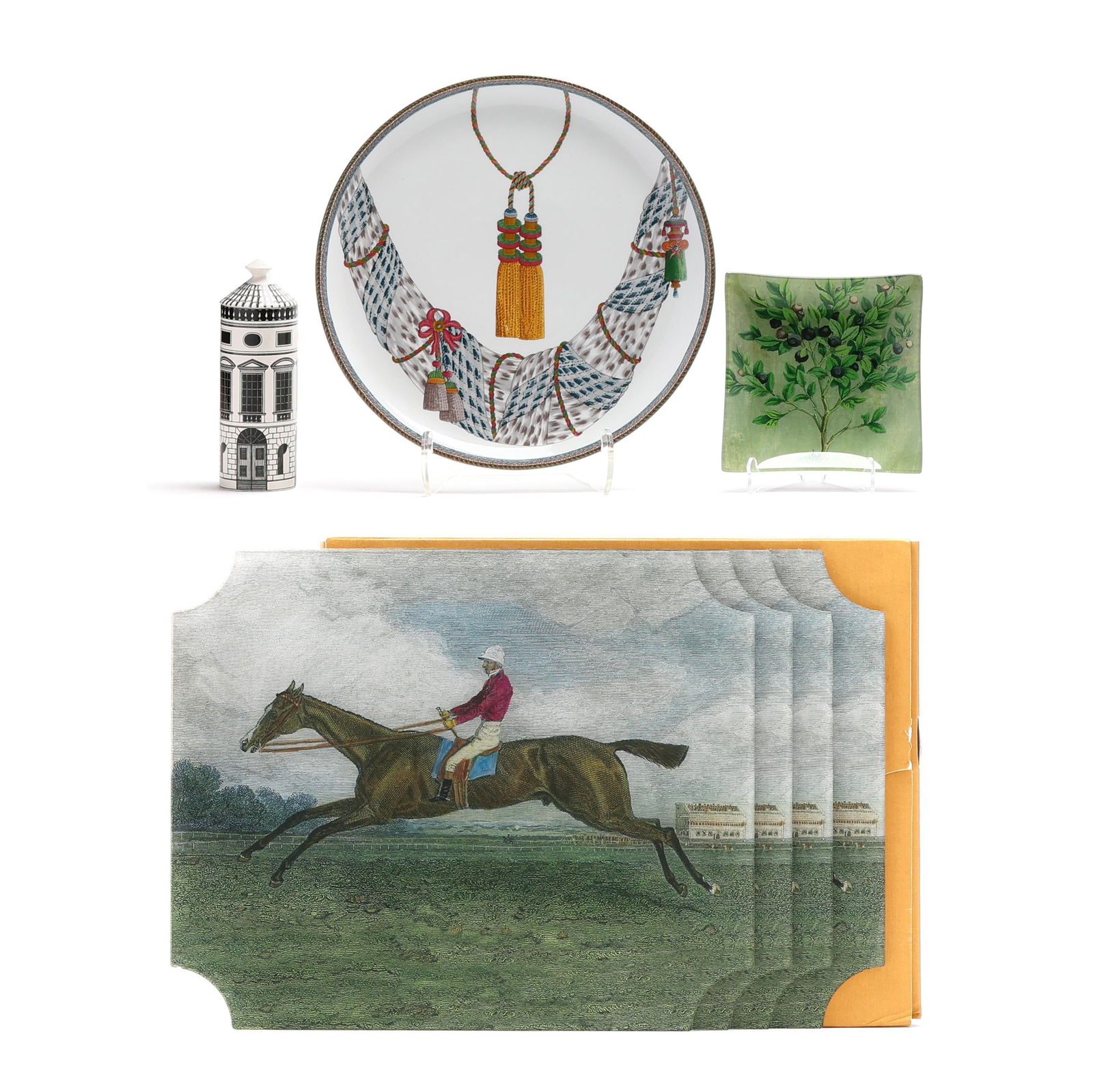 Group of Fine Assorted Tableware: Group of Fine Assorted Tablewareto include a Pierre Frey Porcelaine de Paris charger (11 5/8 in. diameter); a John Derian collage under glass square tray with blueberry bush (5 7/8 x 5 7/8 in.); and a