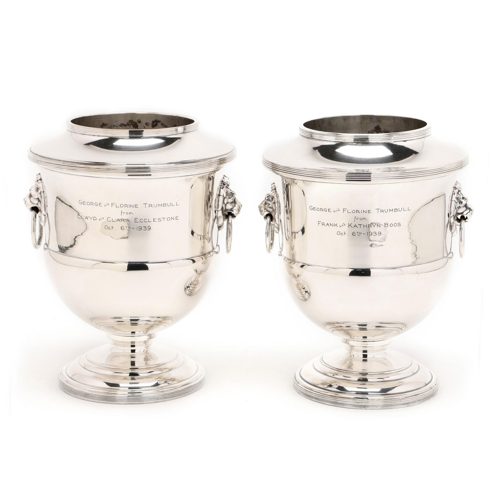 A Pair of English Silver-Plated Wine Coolers, Mark of William Adams: A Pair of English Silver-Plated Wine Coolers, Mark of William Adams20th century, two part form wine coolers with dual lion's mask ring handles, each inscribed "George and Florine Trumbull / from / Fra