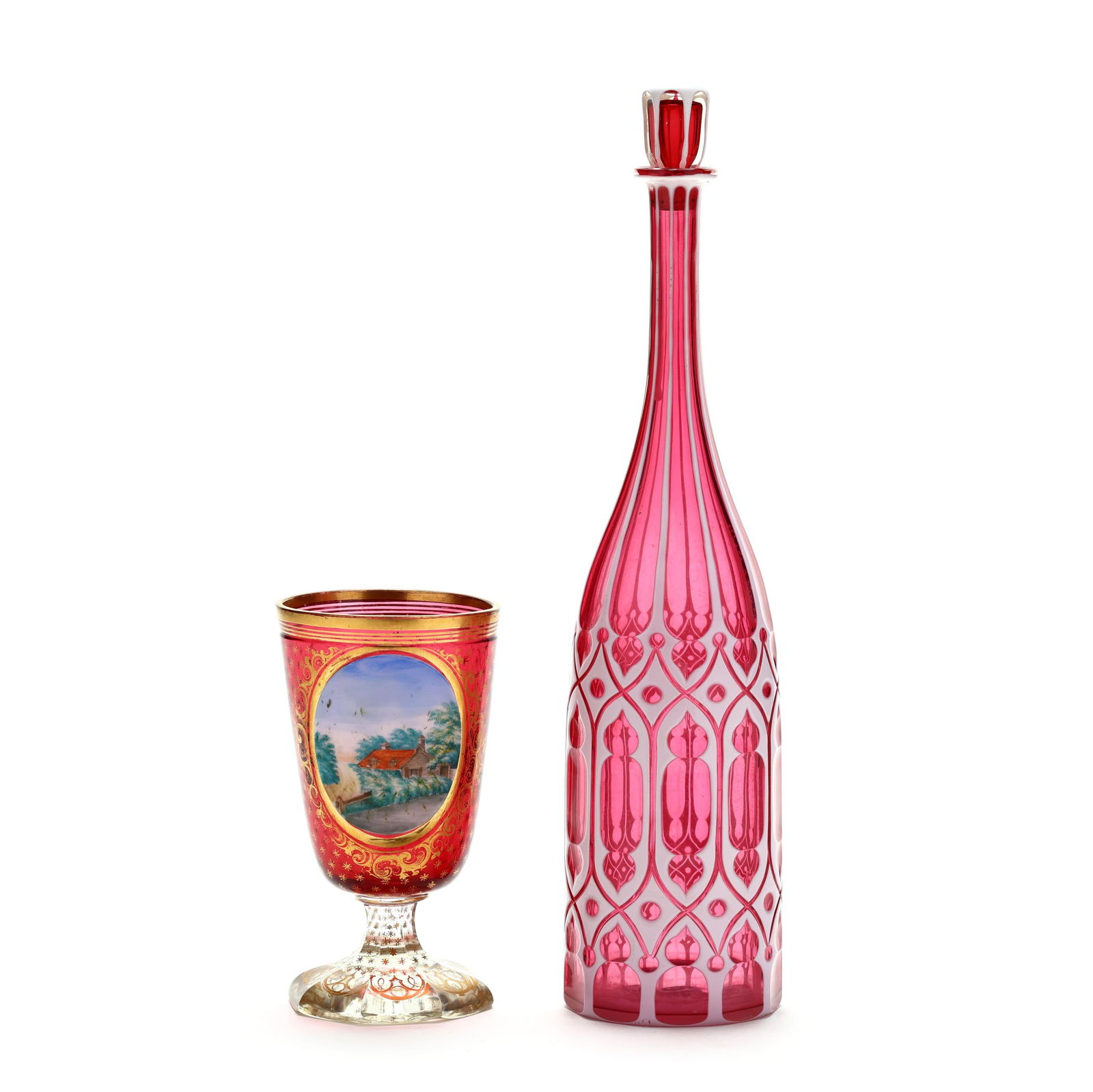 Bohemian Cranberry Glass Decanter and a Goblet (1 of 5)