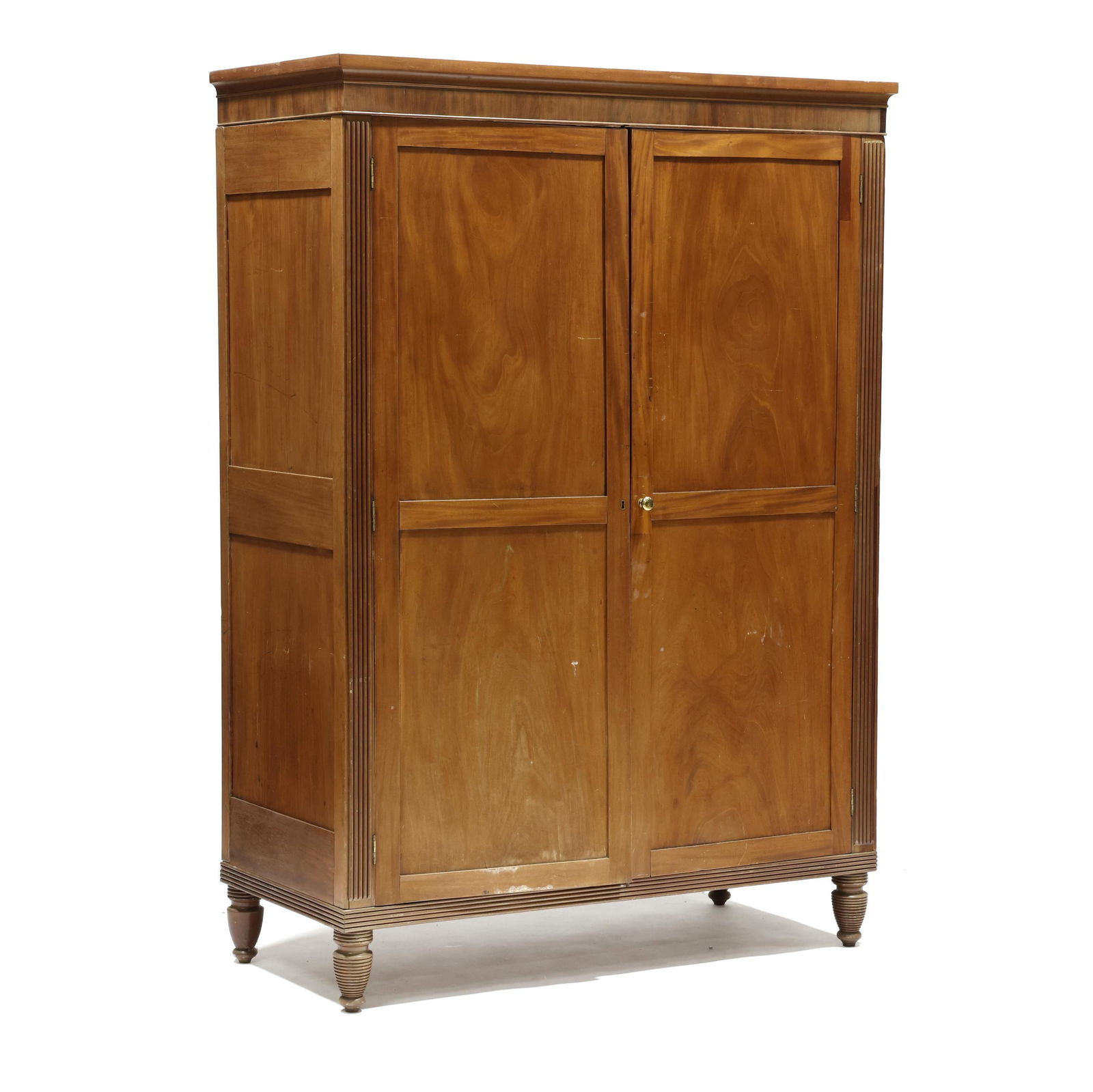 William IV Mahogany Linen Press: William IV Mahogany Linen Presscirca 1820-1840, mahogany, mahogany veneer, removable cornice with vertically veneered frieze, two hinged double paneled doors, shelved interior with four fitted drawers