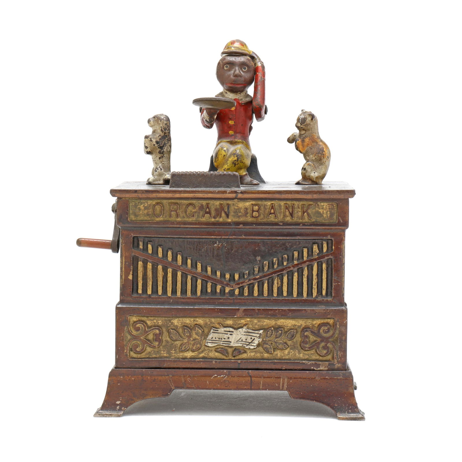 Kyser & Rex Co., Mechanical "Organ Bank" with Cat and Dog: Kyser & Rex Co., Mechanical "Organ Bank" with Cat and DogFrankfort, Pennsylvania, designed by Louis Kyser and Alfred C. Rex, patented 1882, painted cast iron, to use bank: place coin on monkey's tray,