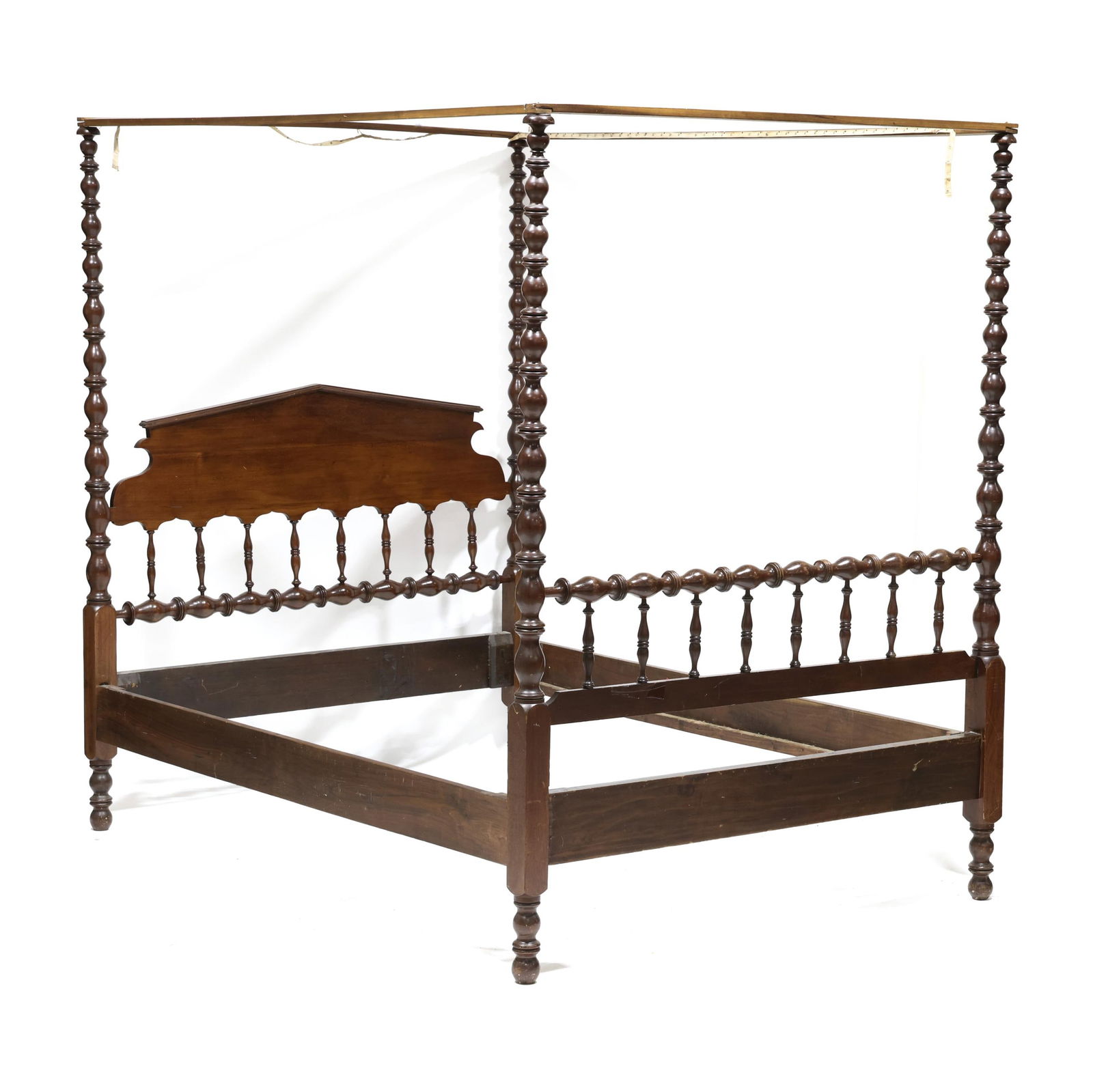 Late Classical Walnut Full Size Tall Post Bed with Tester: Late Classical Walnut Full Size Tall Post Bed with Testercirca 1860, arched headboard with scalloped returns and turned spindles, tall graduated turned posts, footboard with turned rail and spindle su