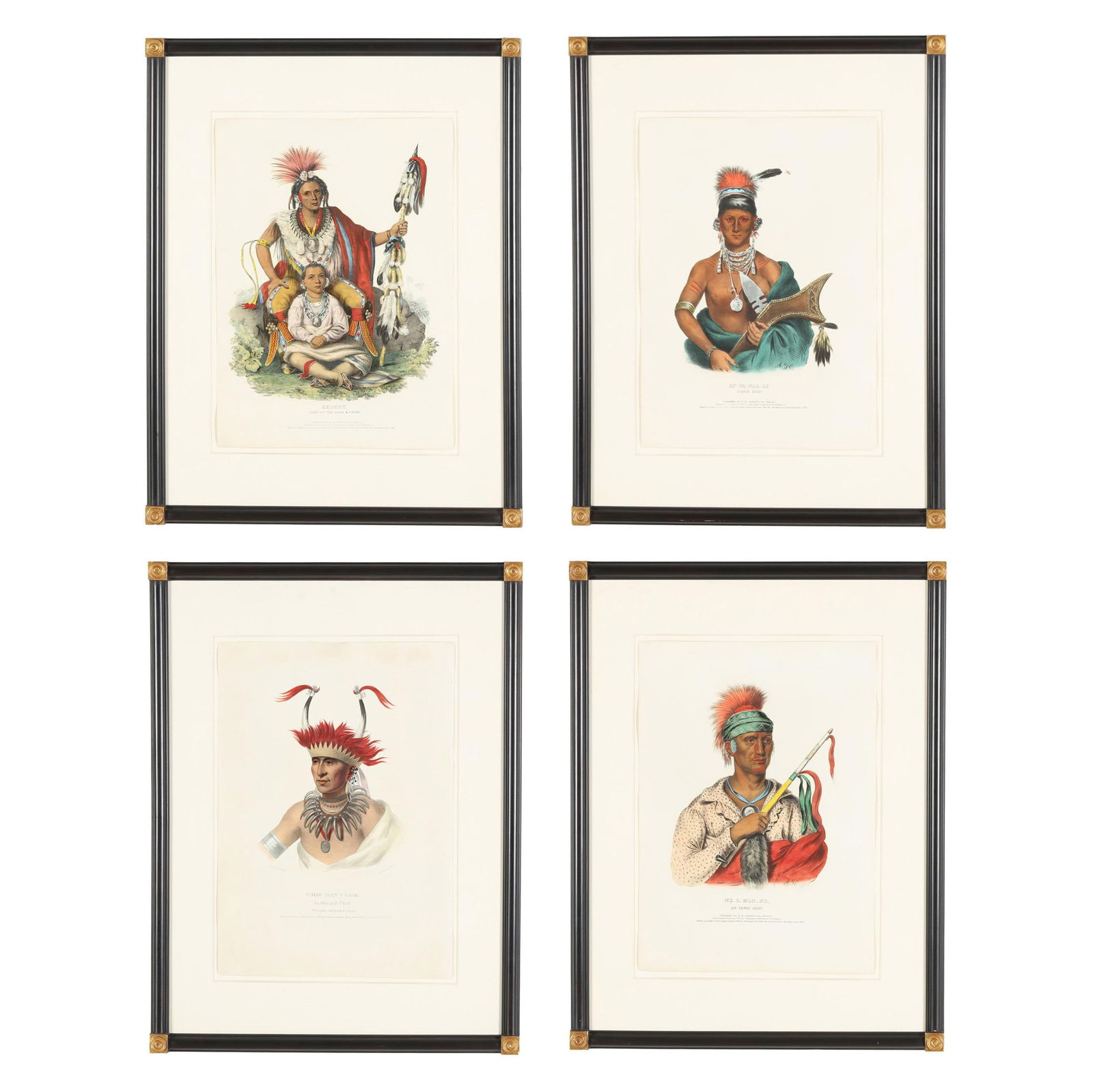 Four Framed Native American Portrait Lithographs: Four Framed Native American Portrait Lithographseach a hand-colored lithograph, circa 1830s, includes AP-PA-NOO-SE, CHON-MAN-I-CASE, KEUKUK, and NE-O-MON-NE, most are printed and colored by I.T. Bowen
