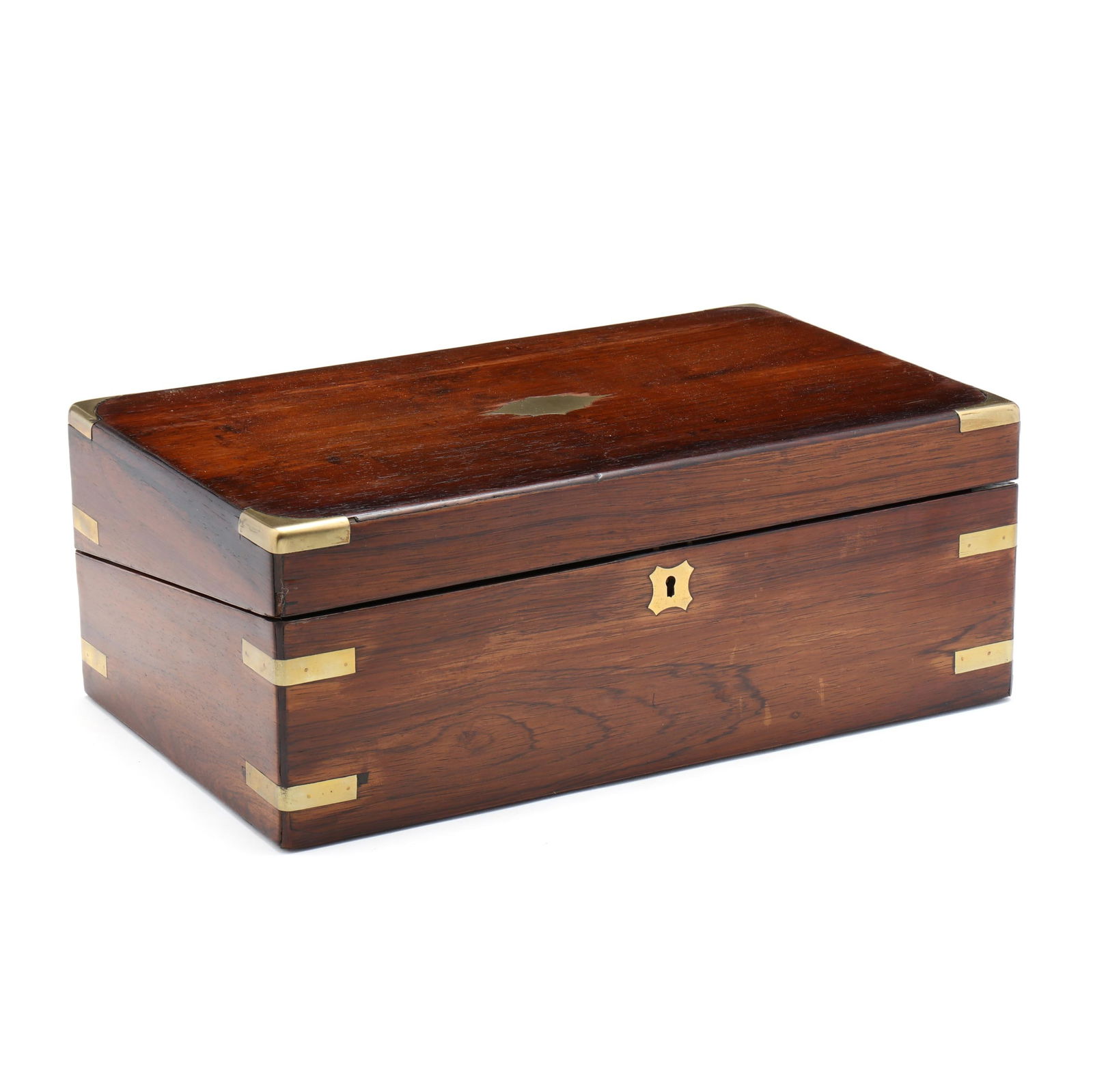 English Brass Bound Rosewood Campaign Lapdesk: English Brass Bound Rosewood Campaign Lapdesksecond half 19th century, unmarked, rosewood veneers, mahogany and deal secondary, of rectangular form with inlaid brass mounts, inlaid shaped brass key an