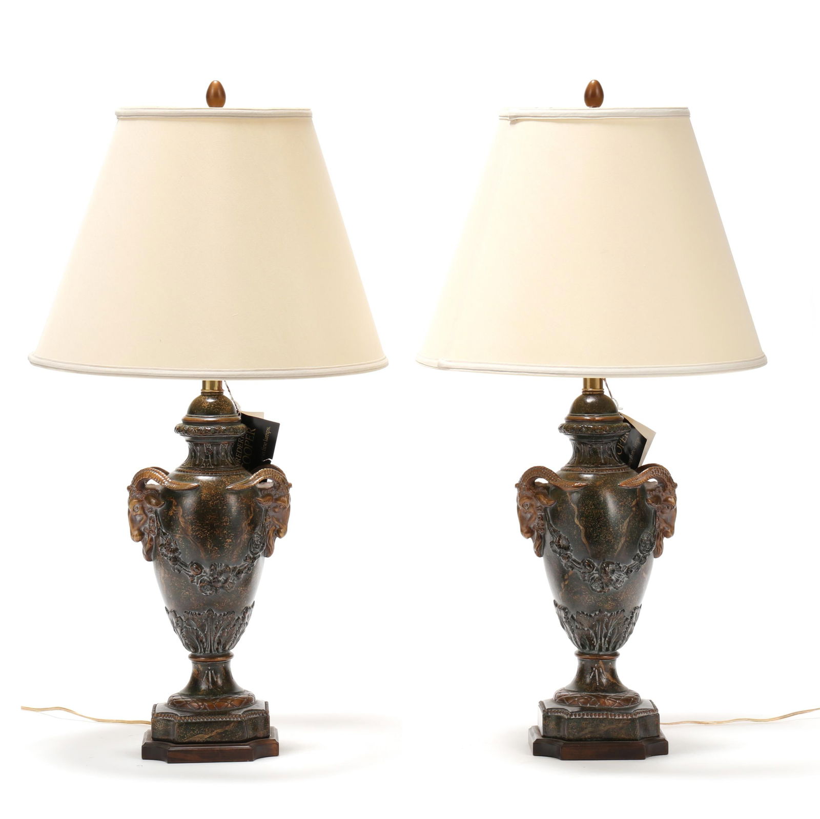 Frederick Cooper, Pair of Neoclassical Style Urn Table Lamps with Shades: Frederick Cooper, Pair of Neoclassical Style Urn Table Lamps with Shadeslate 20th century, ceramic urn form table lamps with painted faux marble decoration and ram's head handles, mounted to painted w