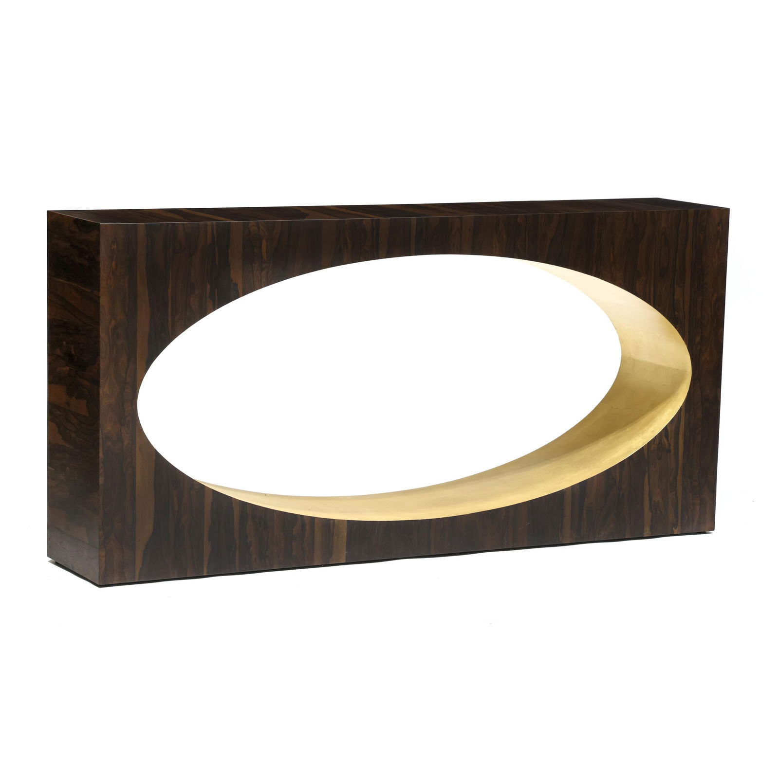 EJ Victor, Moncole Console Table: EJ Victor, Moncole Console Tablecontemporary, Ziricote wood veneer, rectangular form with central oval in gold leaf, small plastic disc feet, unmarked. 35.5 x 72 x 14 in. Retail $13,314 Finished on al