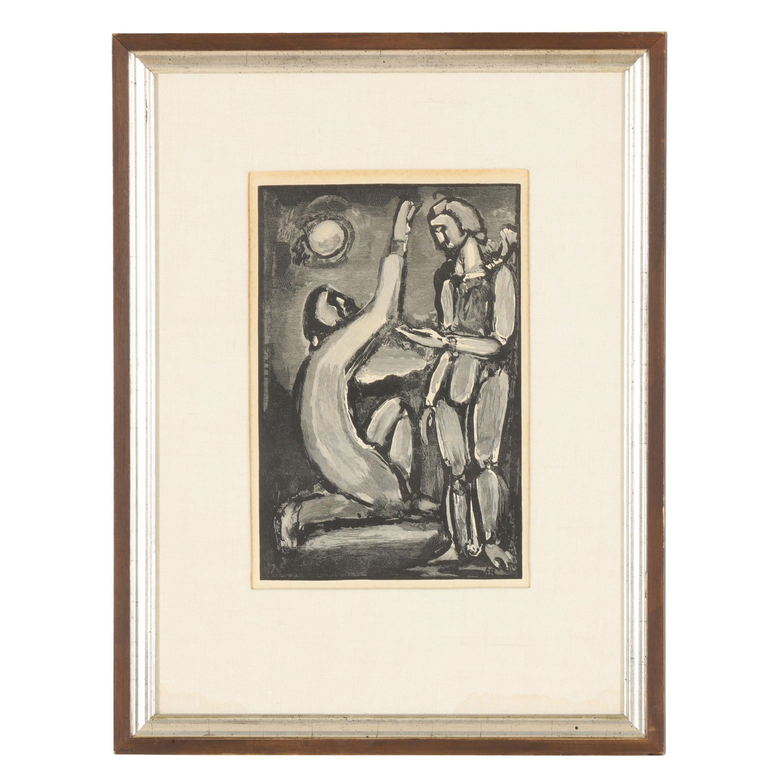 George Rouault (French, 1871-1958), Biblical Scene: Mont des Olives: George Rouault (French, 1871-1958), Biblical Scene: Mont des Oliveswoodcut engraving on paper, initialed 'GR' within the image, matted and framed below glass. Image size 11 1/2 x 7 1/2 in.; Frame dim