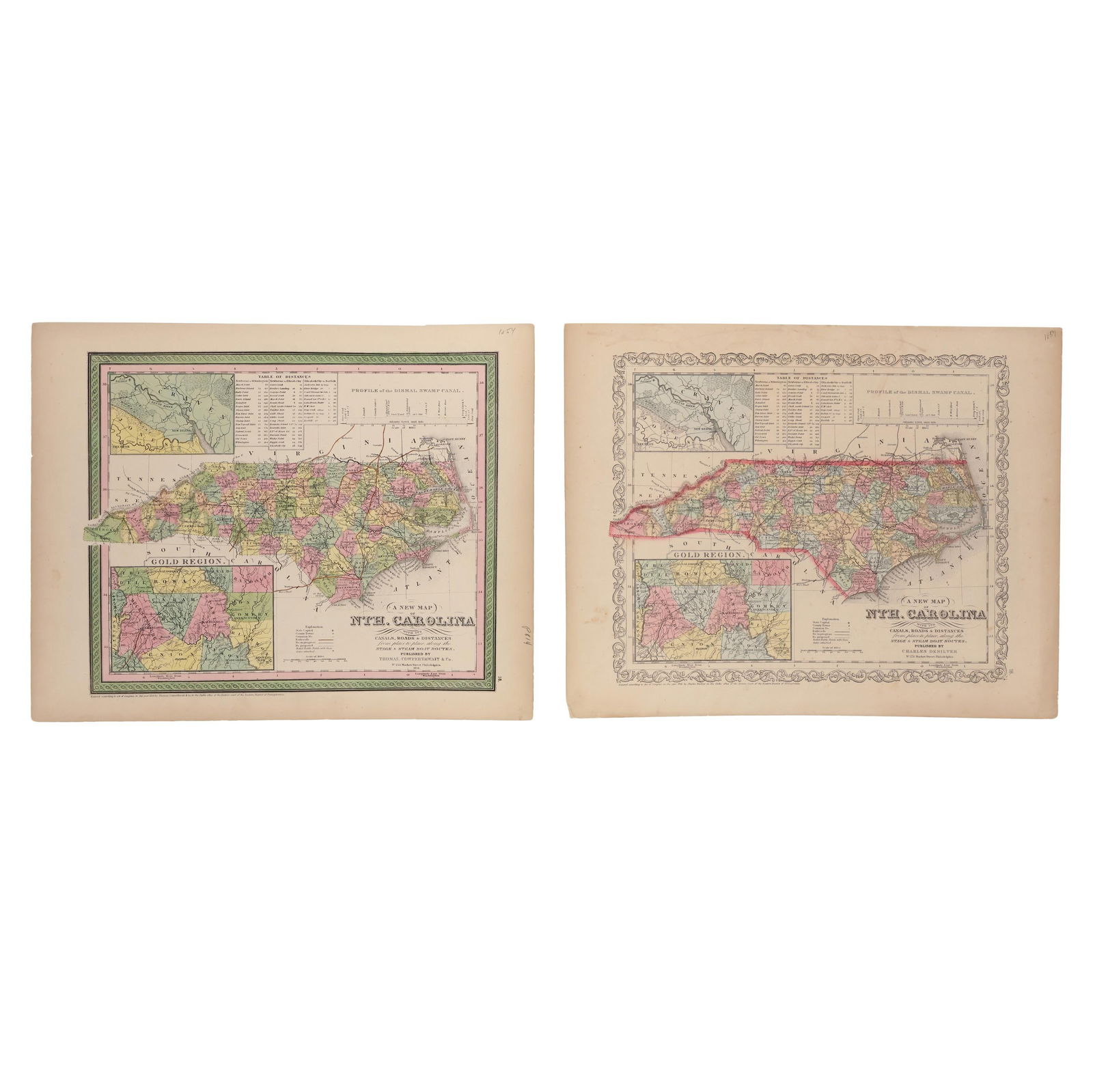 Two Editions of  A New Map of Nth. Carolina with its Canals, Roads & Distances  From the 1850s (1 of 9)