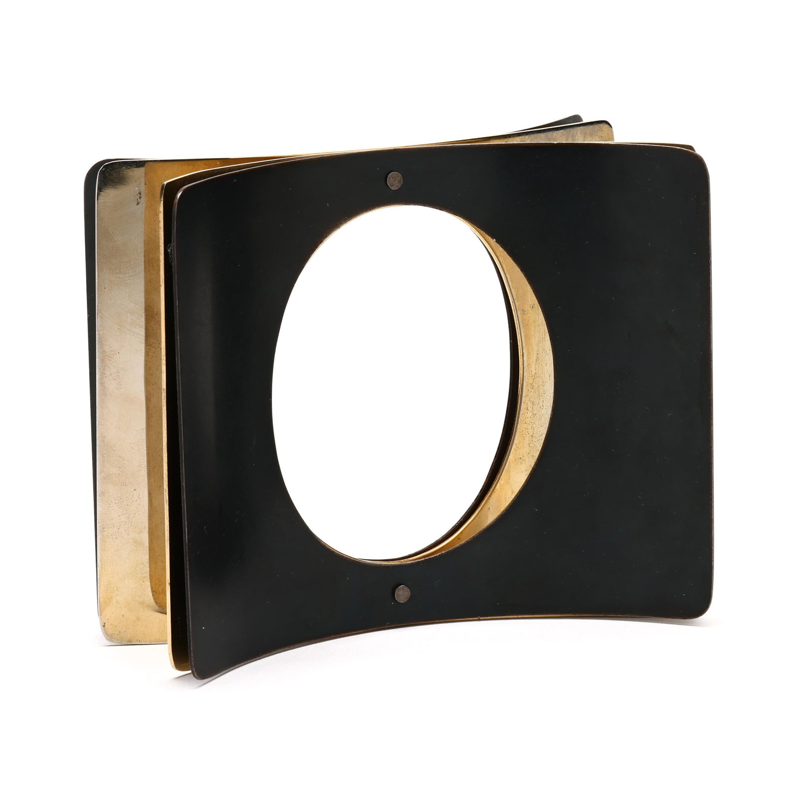Multi-Stacked Bracelet, Mary Ann Scherr: Multi-Stacked Bracelet, Mary Ann Scherr1979, the layered cuff bracelet with two interior brass layers and two exterior oxidized steel layers, riveted at middle, with oval opening, signed, stamped Sher