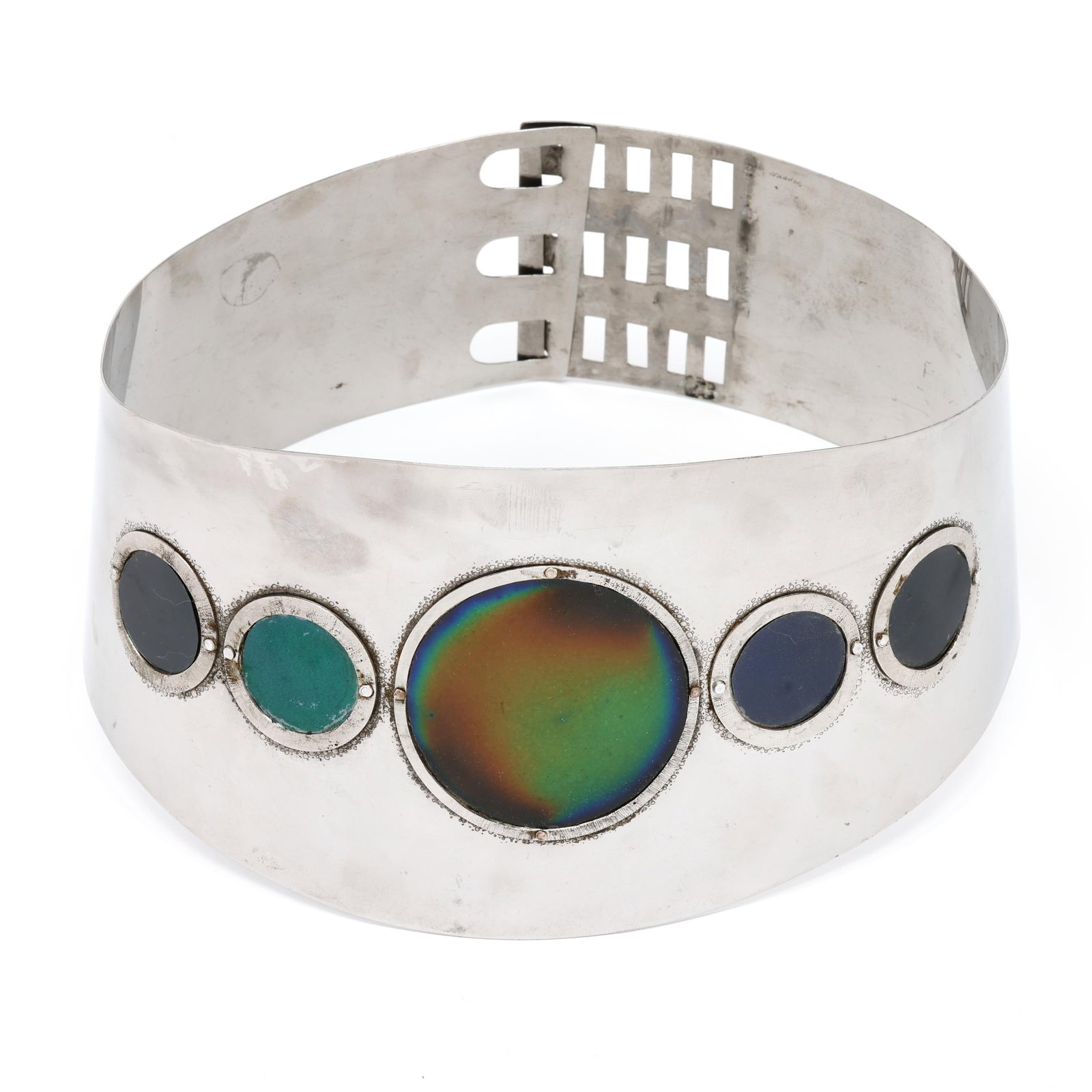 Custom Steel Thermochromic Body Monitor Belt, Mary Ann Scherr: Custom Steel Thermochromic Body Monitor Belt, Mary Ann Scherrworn by Miss Ohio for the Miss Universe pageant, 1969, tapering stainless steel belt with five circular liquid crystal panels to the front,