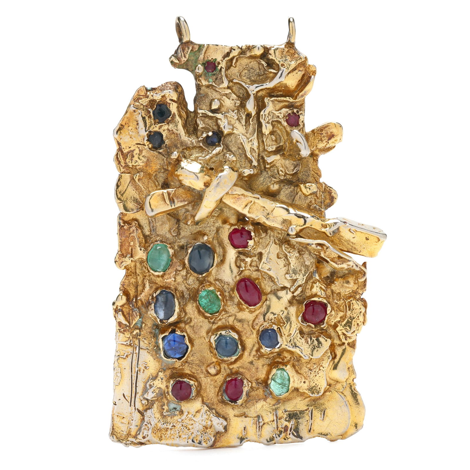 Gilt and Gem-Set Pendant, Igael Tumarkin: Gilt and Gem-Set Pendant, Igael Tumarkinthe nugget style pendant, set with cabochon cut and faceted rubies, sapphires, and emeralds, completed with a double bail, signed, XRF testing gilt metal alloy.