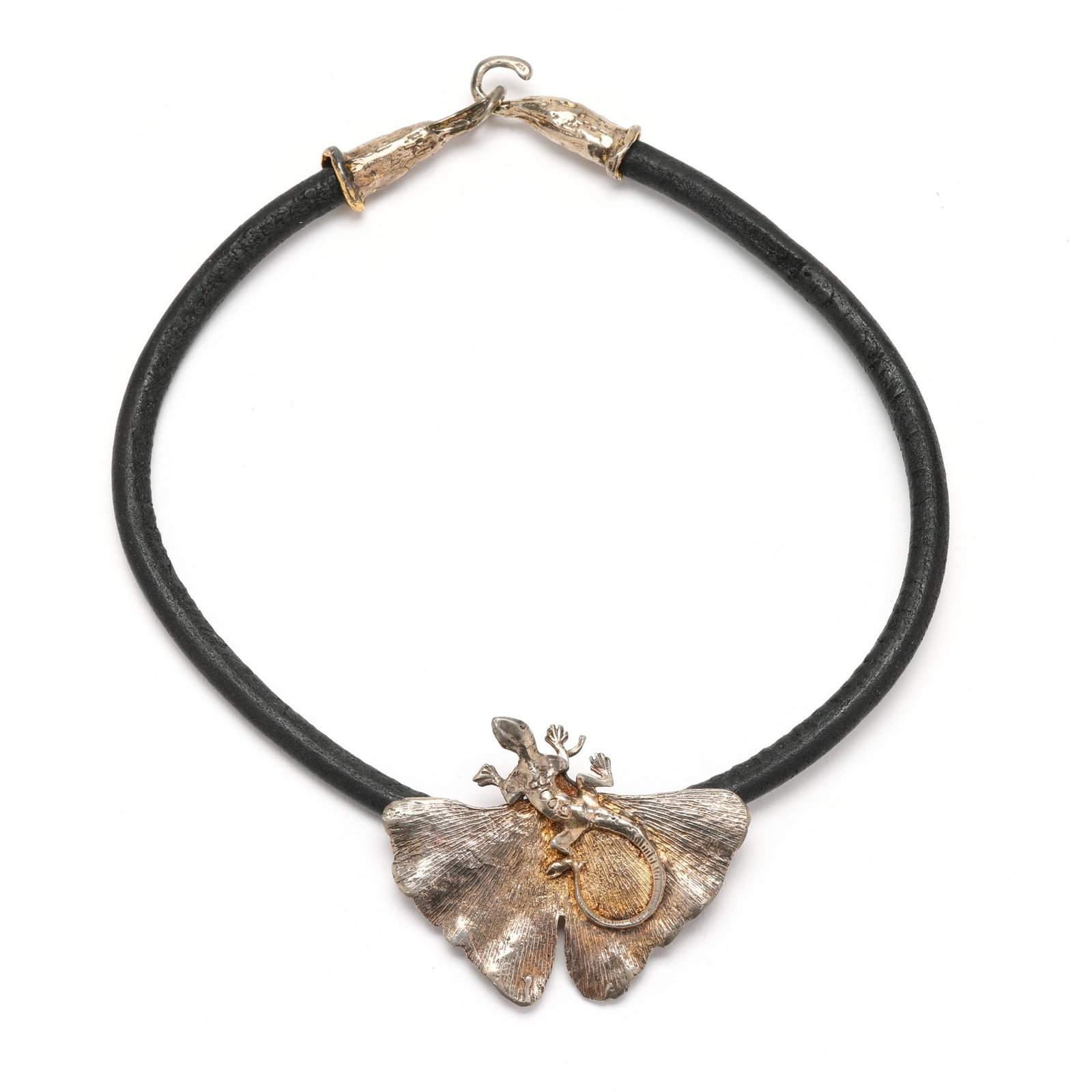 Vermeil and Leather Lizard Motif Pendant Necklace, Iliana Goor: Vermeil and Leather Lizard Motif Pendant Necklace, Iliana Goorthe vermeil pendant in the form of a lizard on a leaf, suspended from a rolled leather necklace, completed with vermeil hook clasp, clasp