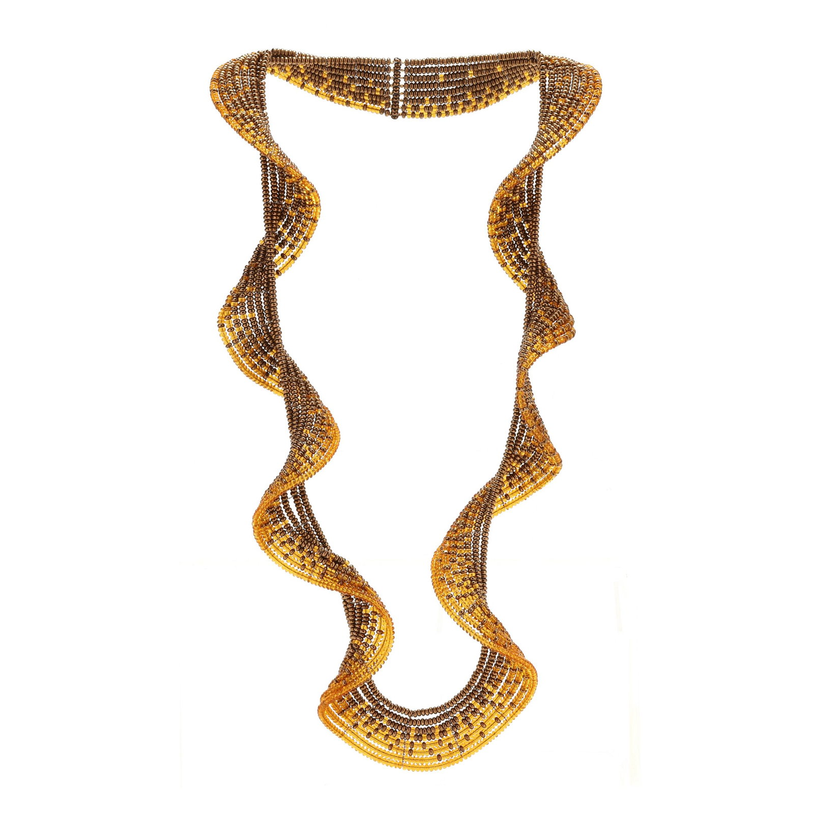 Long Spiral Beaded Necklace, Jessica Rose: Long Spiral Beaded Necklace, Jessica Rosethe necklace in spiral form with gold-tone and orange crystal beads, appears unsigned. Approximately 25 in. Accompanied by a copy of an article on Jessica Rose