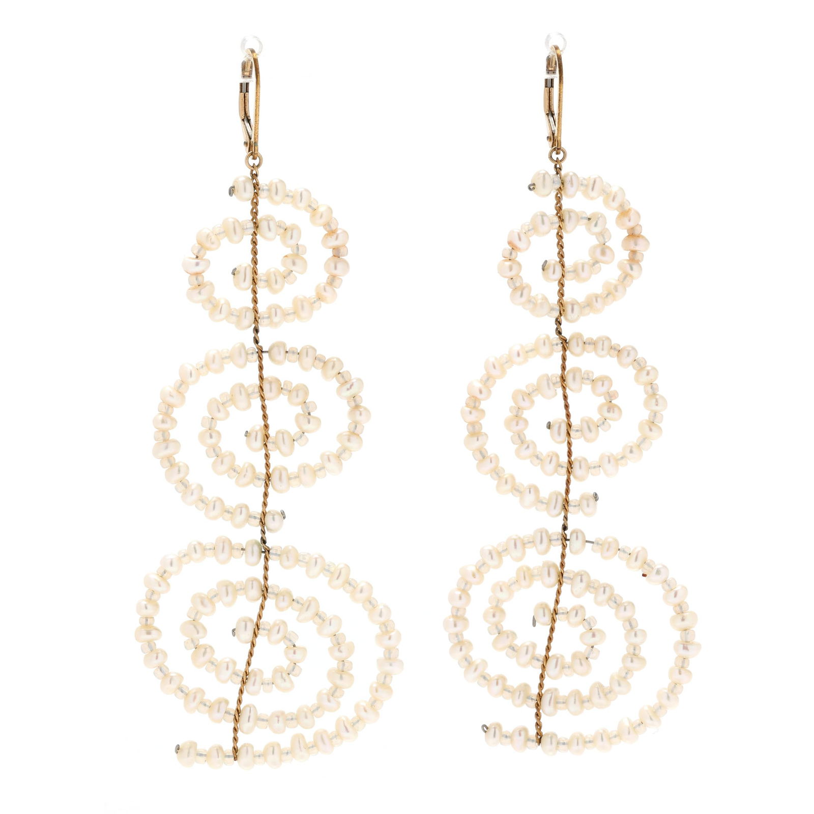 Pearl and White Beaded Spiral Earrings, Jessica Rose: Pearl and White Beaded Spiral Earrings, Jessica Rosesuspending (3) spirals strung with alternating pearl and white crystal beads, completed with lever backs, stamped 14/20GF, appear unsigned. 3.75 in.