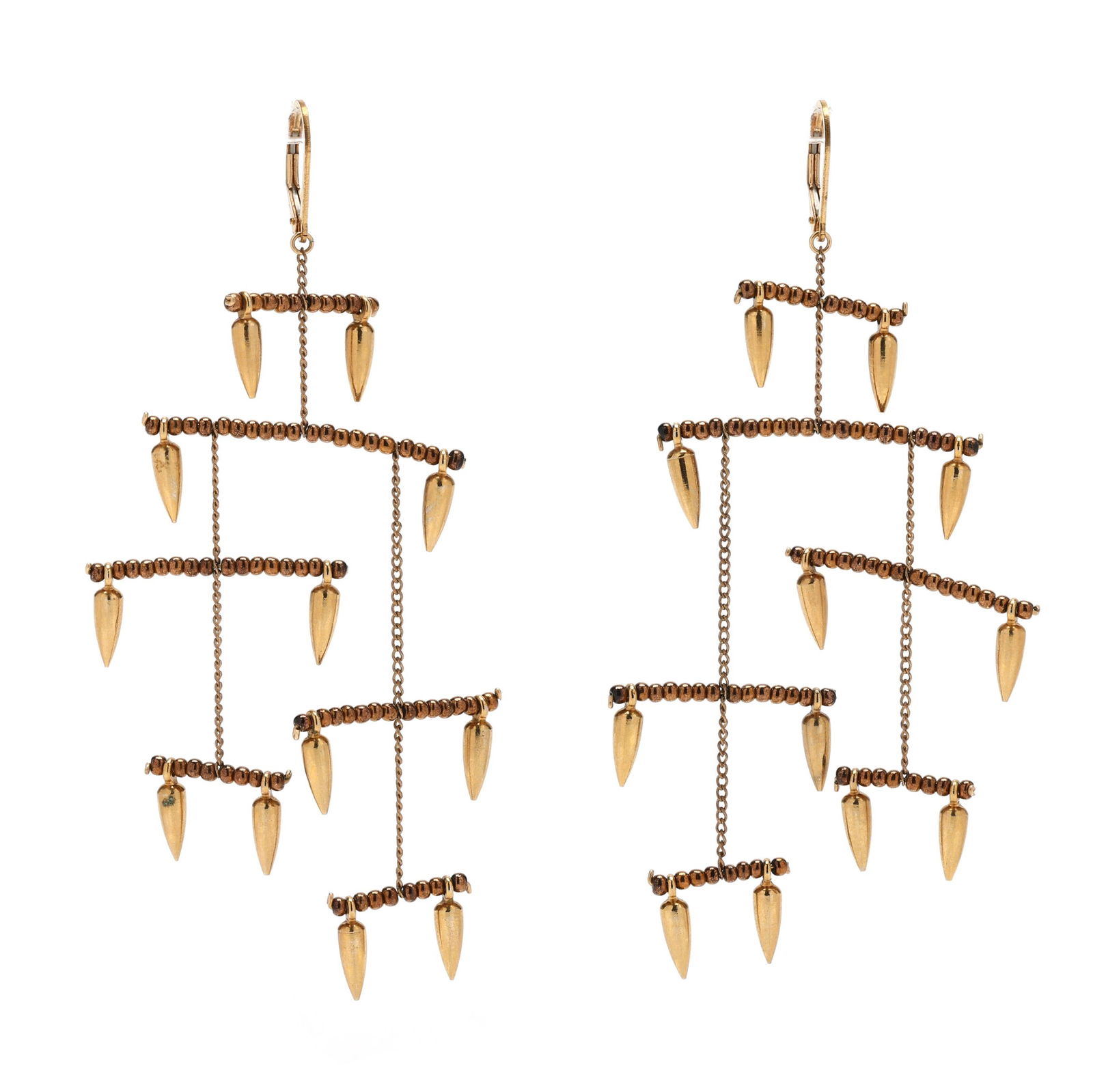 Beaded Chandelier Drop Earrings, Jessica Rose: Beaded Chandelier Drop Earrings, Jessica Rosethe beaded chandelier earrings in the form of a mobile, completed with a gold-filled lever back stamped 14/20GF, appear unsigned. 3.75 in. American born ar