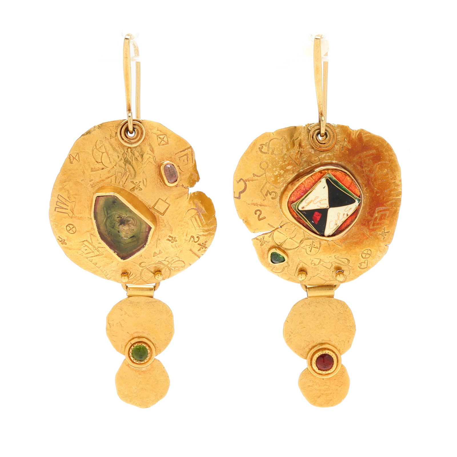 Gold, Cloisonné, and Gem-Set Earrings, Colette: Gold, Cloisonné, and Gem-Set Earrings, Colettethe gold dangle earrings with engravings, one centered on cloisonné enamel with bezel set tourmaline, the other centered on a parti-colored tourmaline,