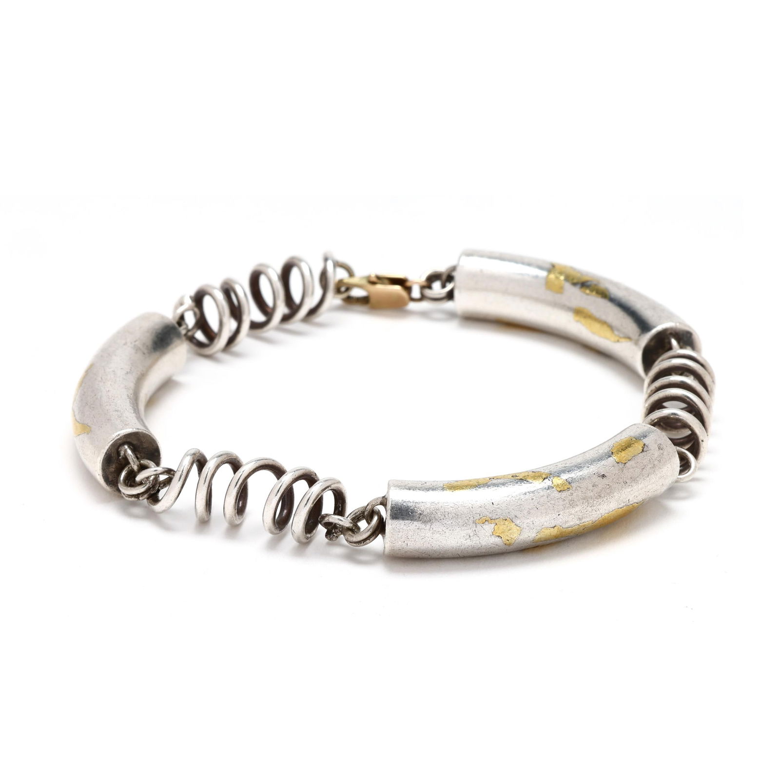 Silver and Gold Inlay Bracelet, Eunmee Chung: Silver and Gold Inlay Bracelet, Eunmee Chunglink bracelet in alternating spiral silver wire and solid silver with gold inlay links, completed with a lobster clasp, signed. 9 in. 1.095 troy oz. Accompa