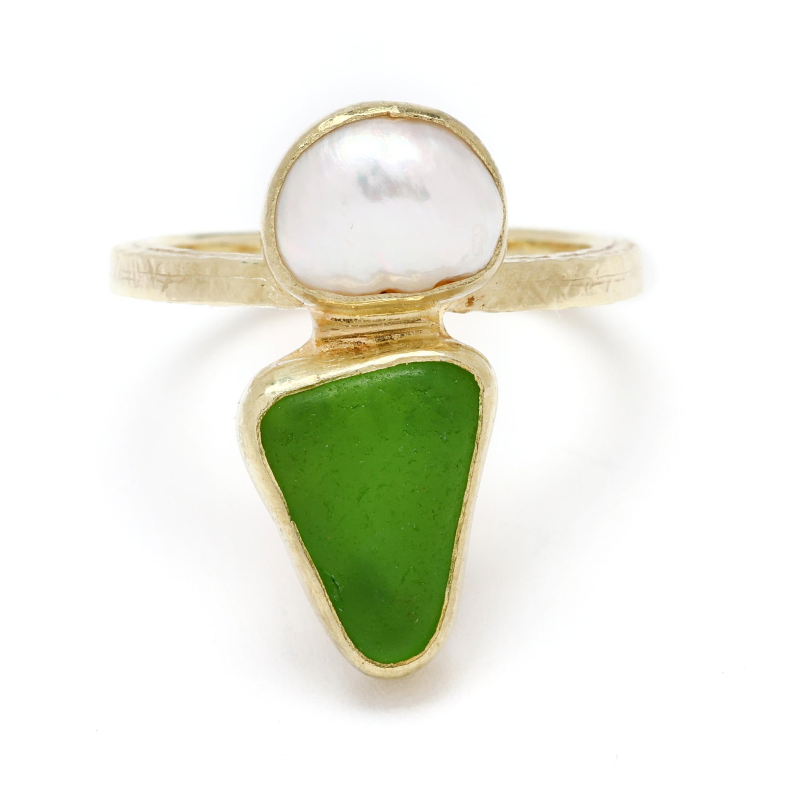 Gold, Pearl, and Sea Glass Ring, Bob Ebendorf: Gold, Pearl, and Sea Glass Ring, Bob Ebendorfthe ring bezel set with a white semi-baroque pearl and green sea glass, completed with a hammered finish shank, signed and marked 18K. 23mm; Ring size 8 4.