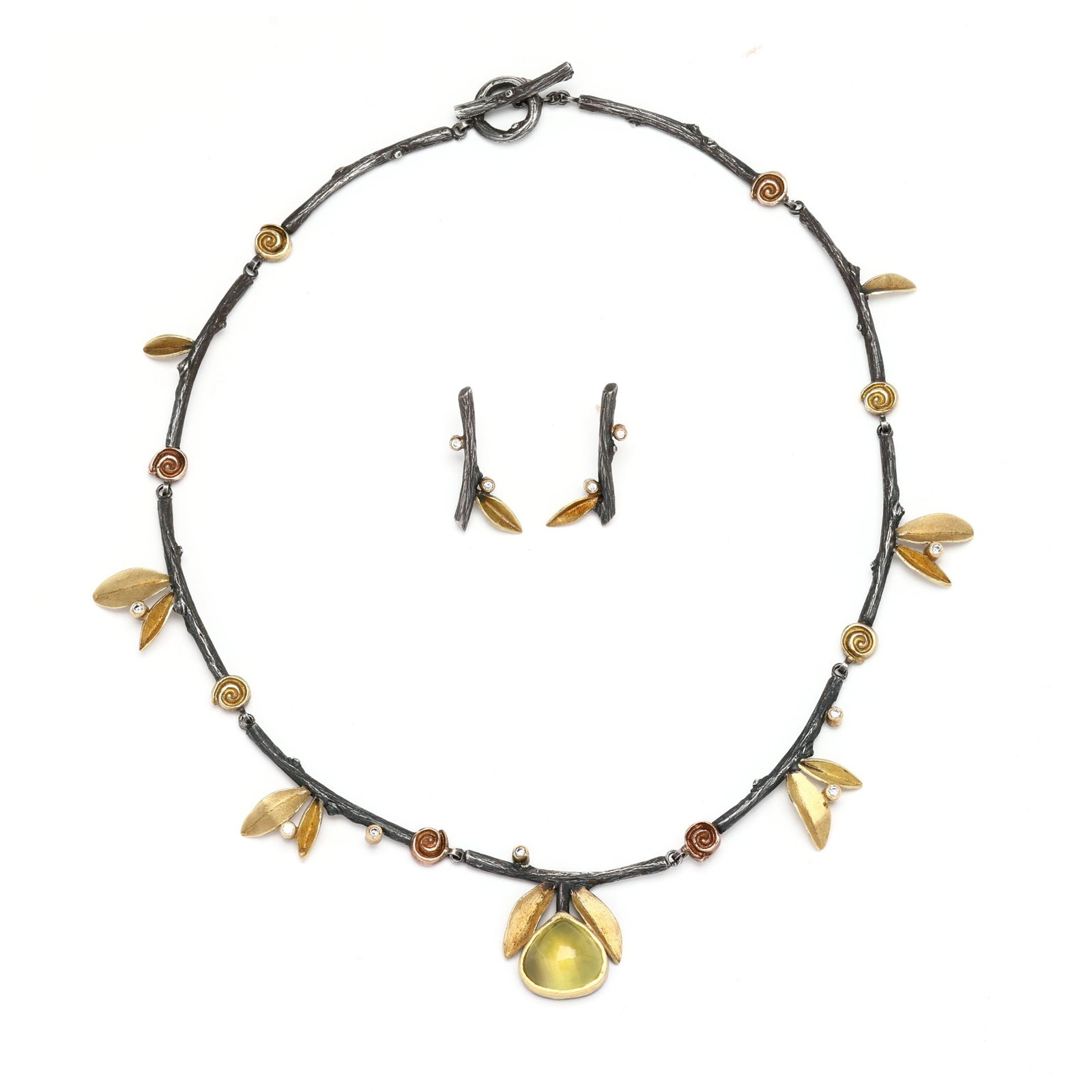 Silver, Gold, and Gem-Set Necklace and Earrings, Kaiser Suidan: Silver, Gold, and Gem-Set Necklace and Earrings, Kaiser Suidaneach link in oxidized silver faux bois motif with gold leaf and berry elements interspersed with bezel set full cut round diamonds, the ce