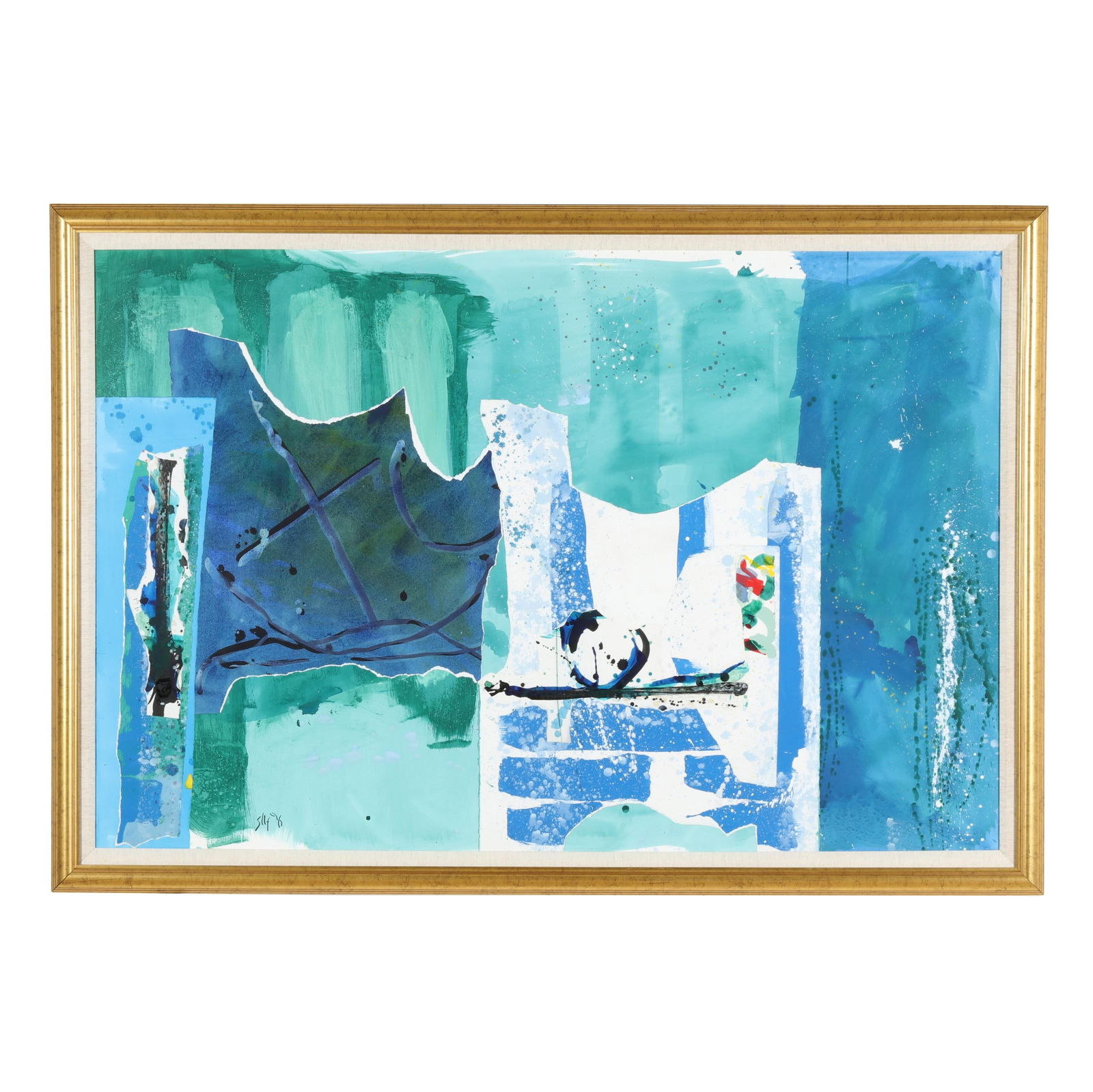 Steven Silverleaf (NC, b. 1954), Untitled: Steven Silverleaf (NC, b. 1954), Untitledwatercolor and gouache on paper collage, 1996, signed with the artist's initials and dated at lower left, presented under Plexiglass within a narrow linen line