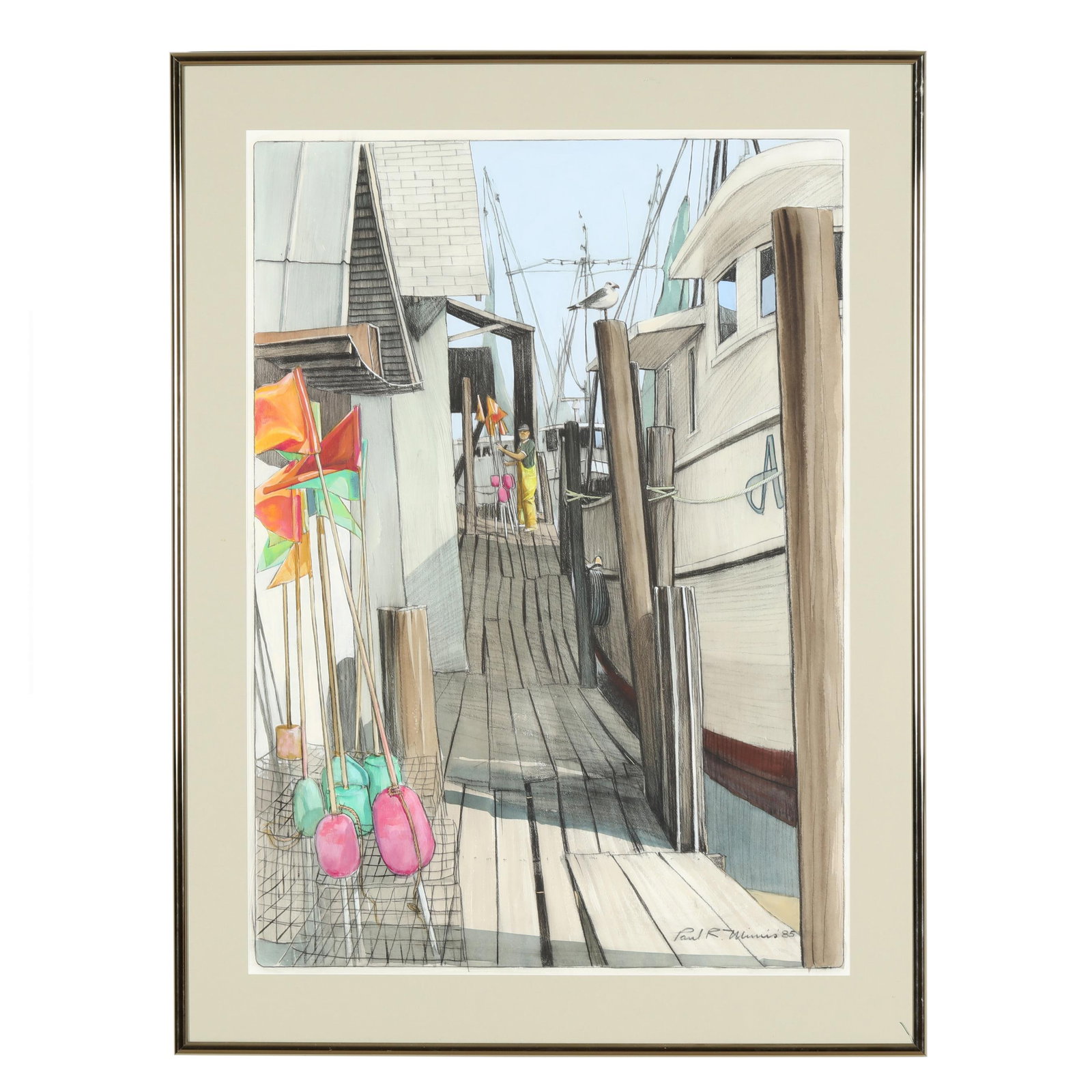 Paul Minnis (NC, b. 1933), On the Dock: Paul Minnis (NC, b. 1933), On the Dock charcoal, watercolor, and gouache on paper, signed at lower right, matted and framed below glass. Sight size 33 3/4 x 24 in.; Frame dimensions 40 1/2 x 30