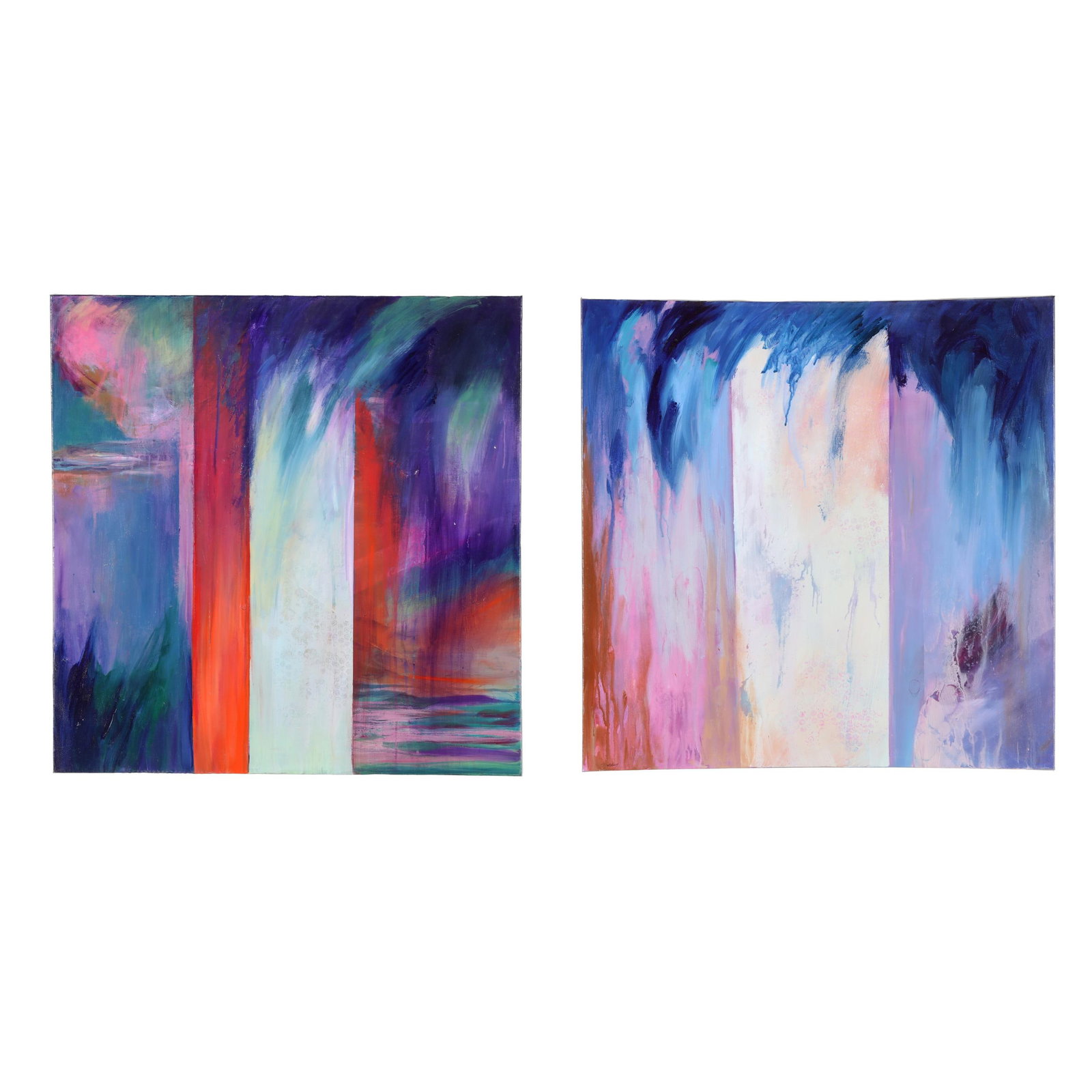 Jillian Goldberg (NC), Two Paintings from the Elements Series: Jillian Goldberg (NC), Two Paintings from the Elements Series each an acrylic on canvas, includes Purple Rain and Monsoon, signed and inscribed to the versos, gallery wrapped canvases. Each 30 x 30