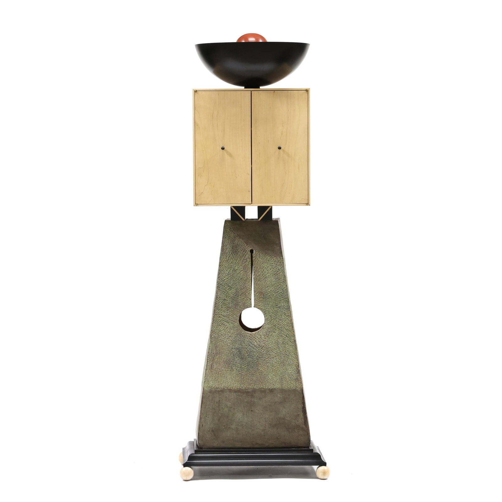 George Neal & Milton Thompson, Eve Cabinet: George Neal & Milton Thompson, Eve Cabinetlate 20th century, multi-part form, upper black lacquered wood bowl with central red convex finial loose mounted to a fruit wood cabinet with two hinged doors