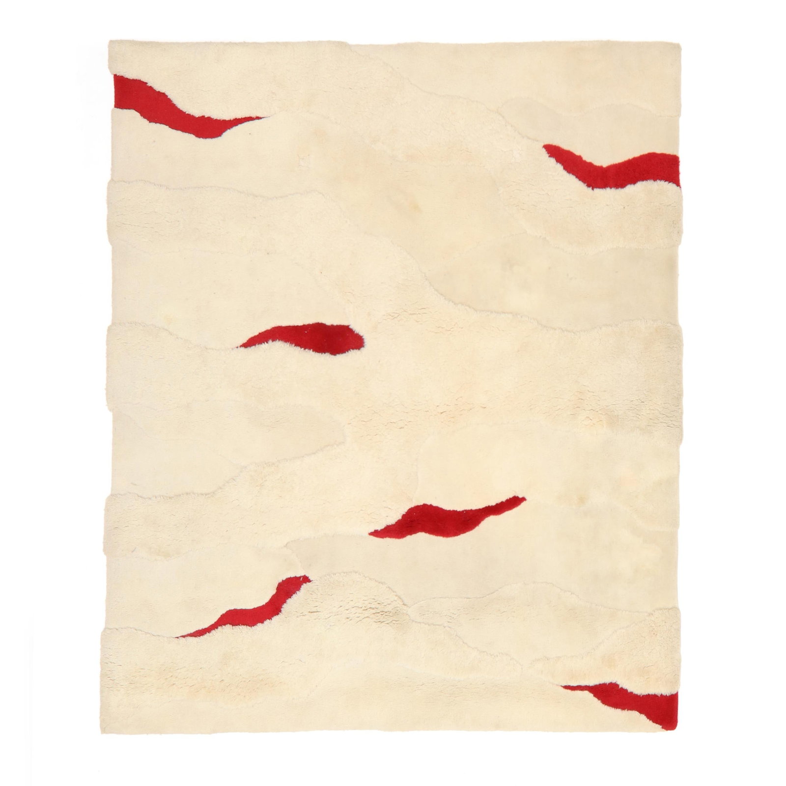 Edward Fields (American, 1912-1979), Ivanhoe Carpet: Edward Fields (American, 1912-1979), Ivanhoe Carpet wool, mid-20th century, machine made, the field with abstract designs cut into the thick pile, with red highlights, labeled to verso. 7 ft. 6