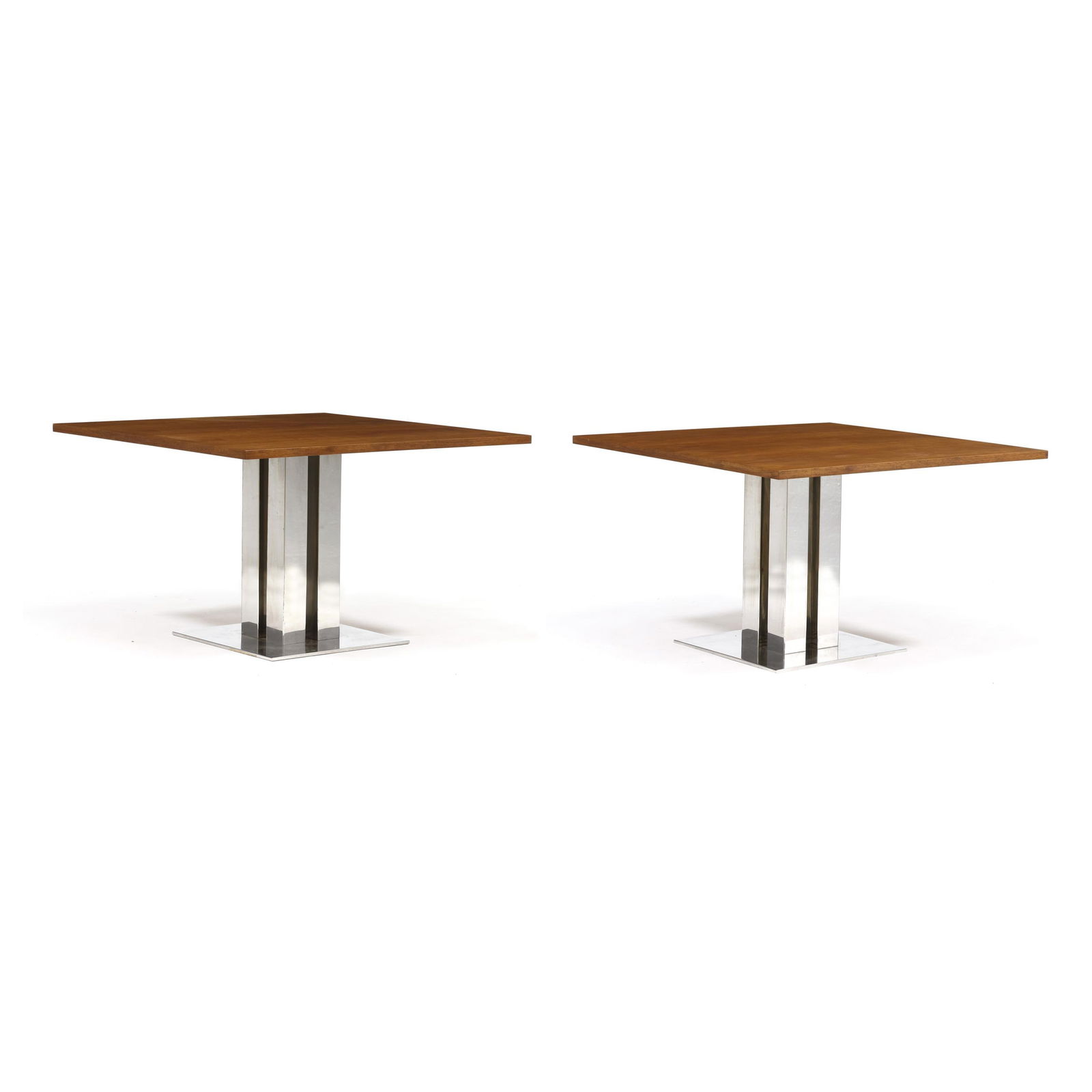 Leon Rosen, Pair of Walnut Pedestal Tables: Leon Rosen, Pair of Walnut Pedestal Tablescirca 1970, for Pace Collection, walnut veneer square top over a polished steel pedestal, unmarked. 29.5 x 48 x 48 in. each Additional high-resolution photos