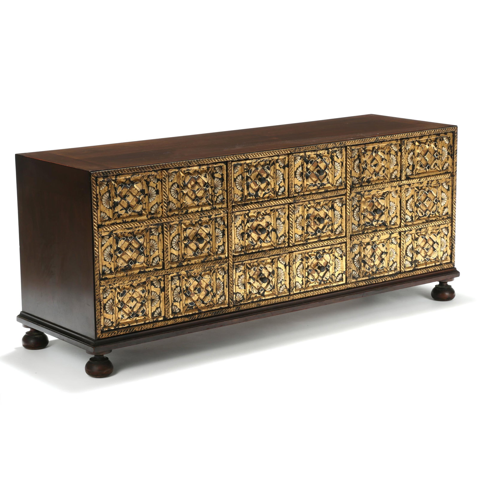 John Widdicomb, Mediterranean Treasure Chest Diminutive Credenza: John Widdicomb, Mediterranean Treasure Chest Diminutive Credenzacirca 1960, walnut, low profile form with relief carved and gilt panels having white painted highlights, featuring three central drawers