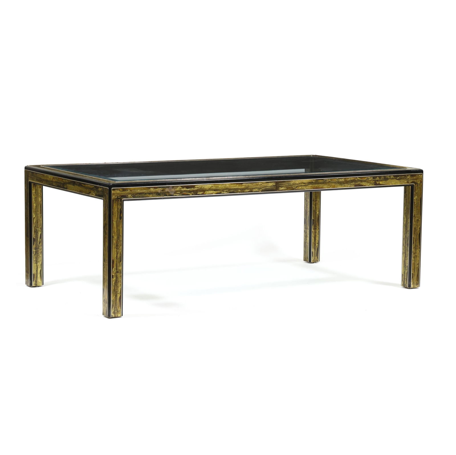 Bernhard Rohne (German, b. 1944), Post-Modern Brass and Glass Dining Table: Bernhard Rohne (German, b. 1944), Post-Modern Brass and Glass Dining Tablecirca 1970, abstract acid etched brass with patinated surface, smoky beveled glass top, black lacquered edges, four straight l