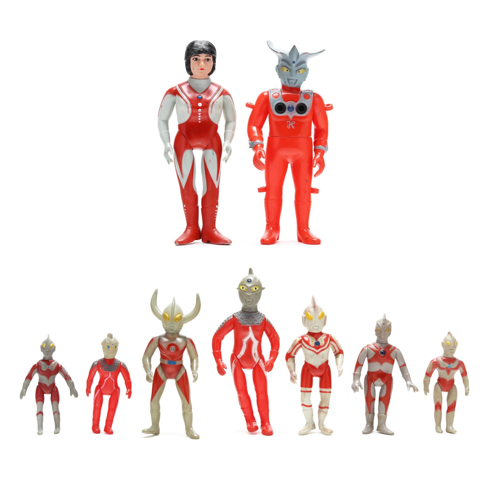Nine Japanese Action Sofubi Figures from the Ultraman Series: Nine Japanese Action Sofubi Figures from the Ultraman Seriescirca 1970, colored soft vinyl (sofubi) figures by Bullmark to include a large Mother of Ultraman figure (12 x 5 x 3 1/2 in.), a large Ultra