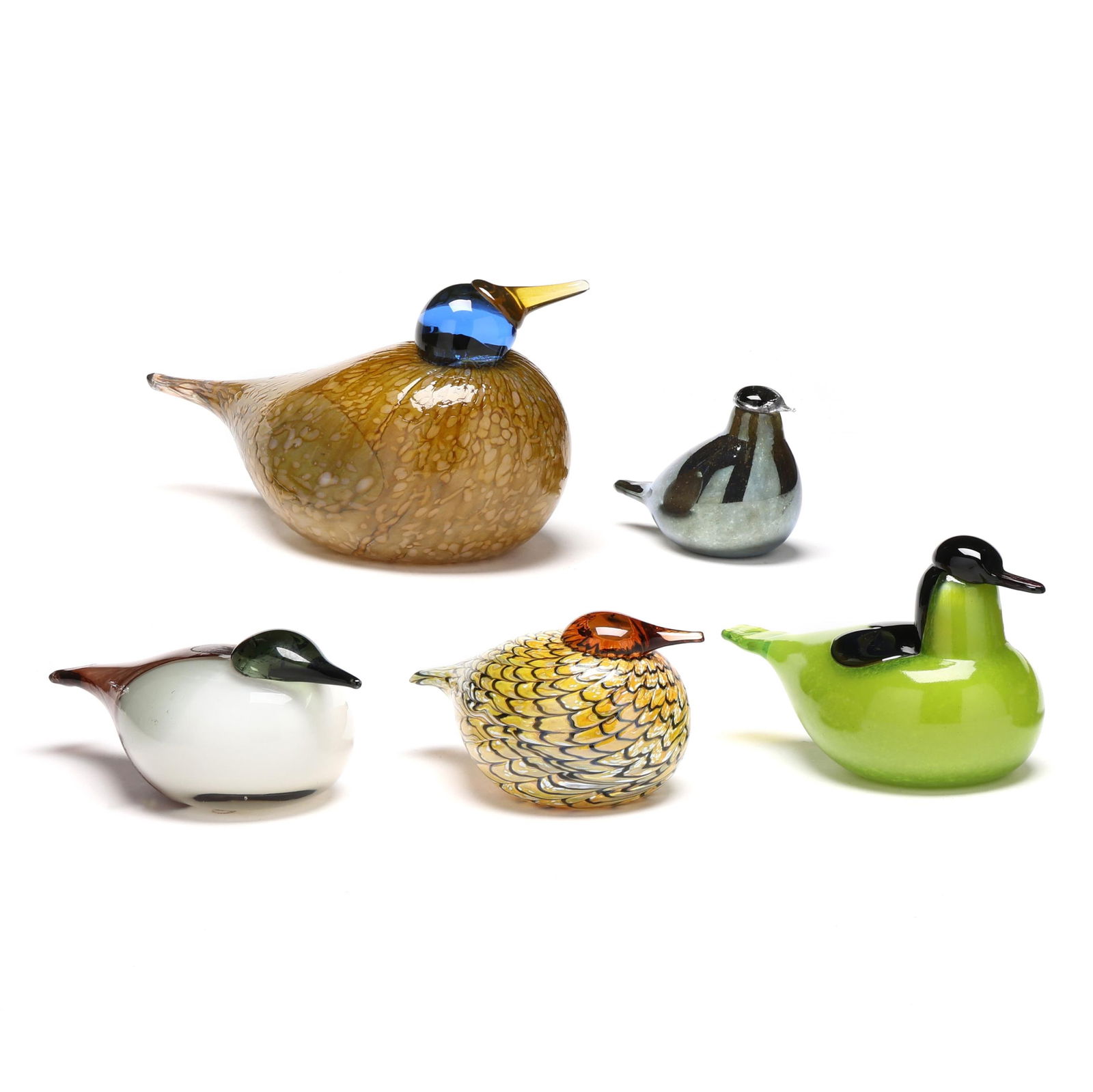 Oiva Toikka (Finland, 1931-2019), Five Art Glass Birds: Oiva Toikka (Finland, 1931-2019), Five Art Glass Birds1980 to 2019, (5) birds to include a Dotterel (5 1/4 x 9 1/4 x 4 1/2 in.), an Eider (3 1/2 x 9 x 3 3/4 in.), a Summer Grouse (3 3/4 x 6 1/2 x 3 1/